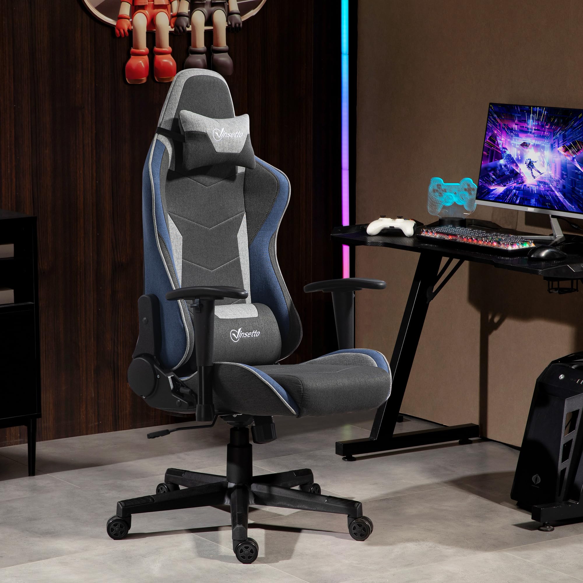 Vinsetto Sedia da Gaming Ergonomica, Poggiatesta e Altezza Regolabile, Blu | Braccioli, Poltrona Gaming Ufficio Reclinabile, Tessuto Effetto Lino, Funzione Dondolo, Supporto Lombare