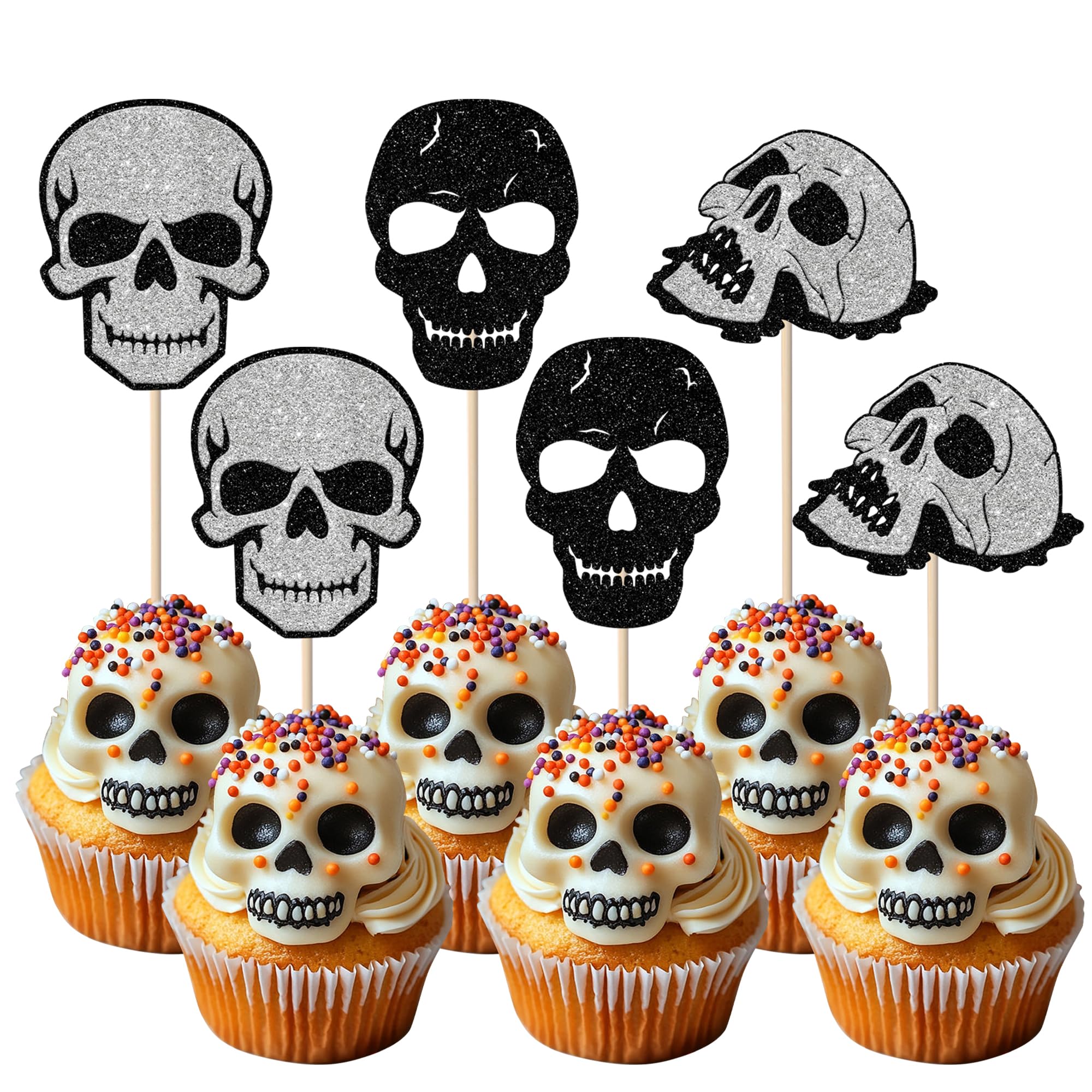 Xsstarmi 24 Pack Skull Cupcake Toppers Glitter Horror Skull Cupcake Picks Decorations for Halloween Theme Baby Shower Birthday Party Cake Decorations