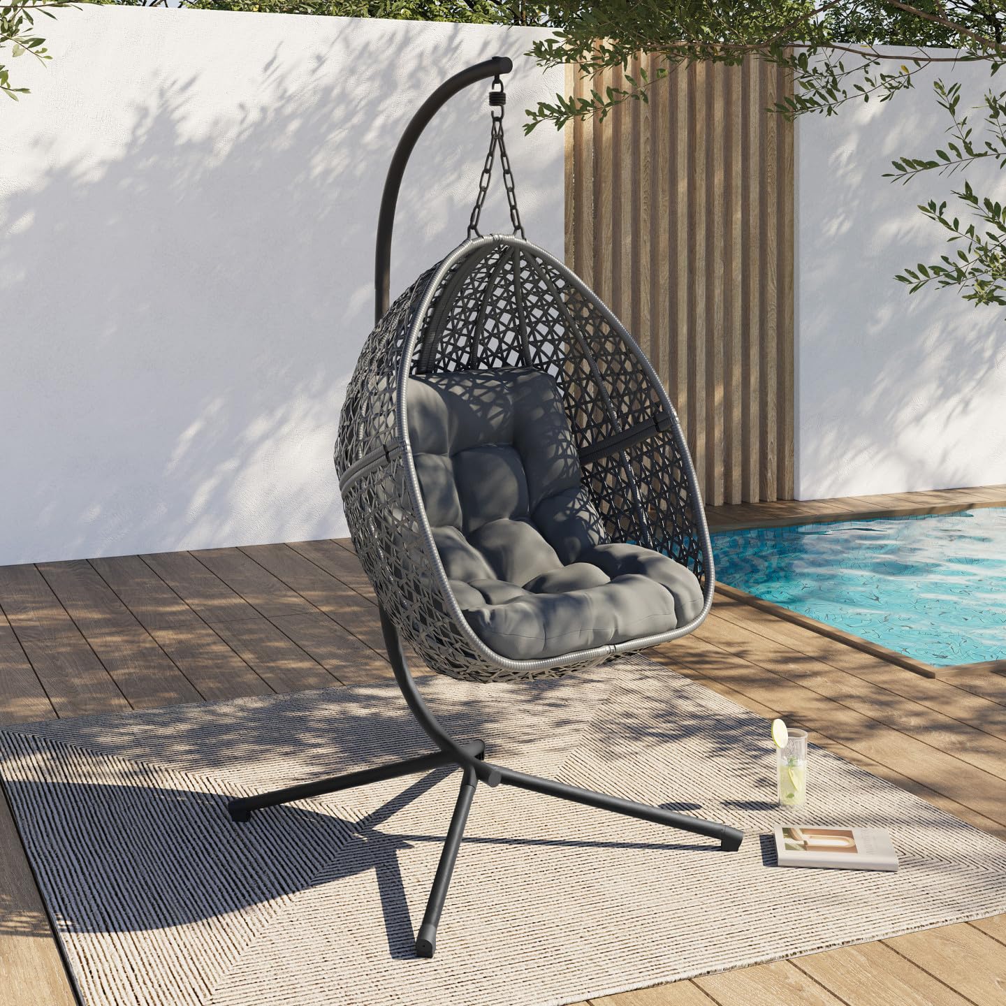 IDMarket - Fauteuil Lune Suspendu ajouré Effet rotin avec Coussin Gris