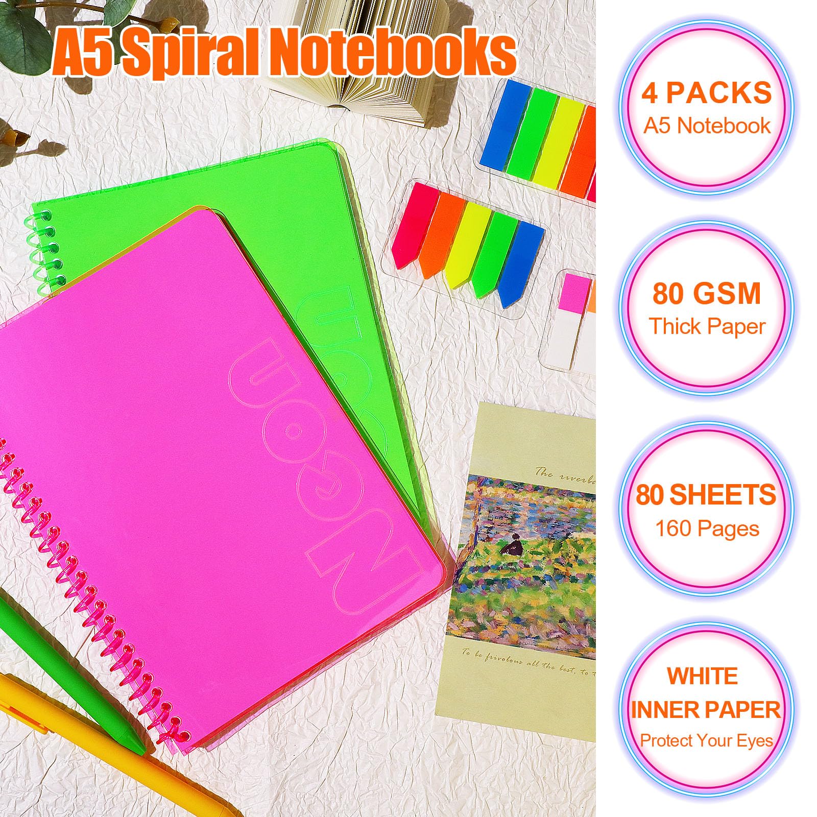 miikoul Confezione da 4 quaderni a spirale A5 fluo, 21,1 x 14 cm, 80 fogli/160 pagine a righe larghe, diari a spirale, con copertina morbida, codificati a colori, per la scuola (4 quaderni) (4