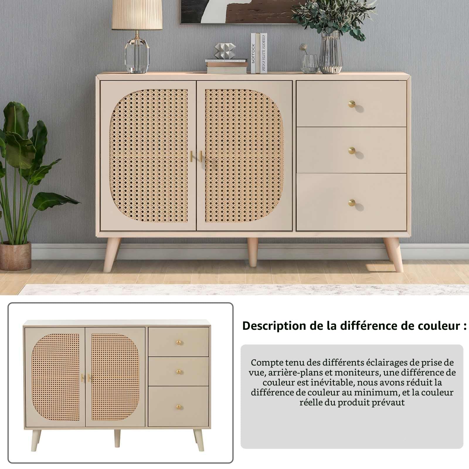 KOMHTOM Buffet Beige avec Portes en rotin, Meuble de Rangement avec 2 Portes et 3 tiroirs pour Salon Chambre à Coucher Salle à Manger Couloir (Beige Clair-D)