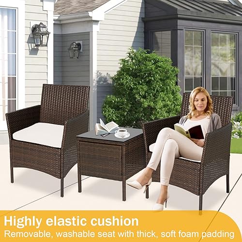Miniatura 4 de YRLLENSDAN Juego de muebles de patio de 3 piezas de mimbre para exteriores con cojín lavable y mesa de vidrio templado, juego de conversación para