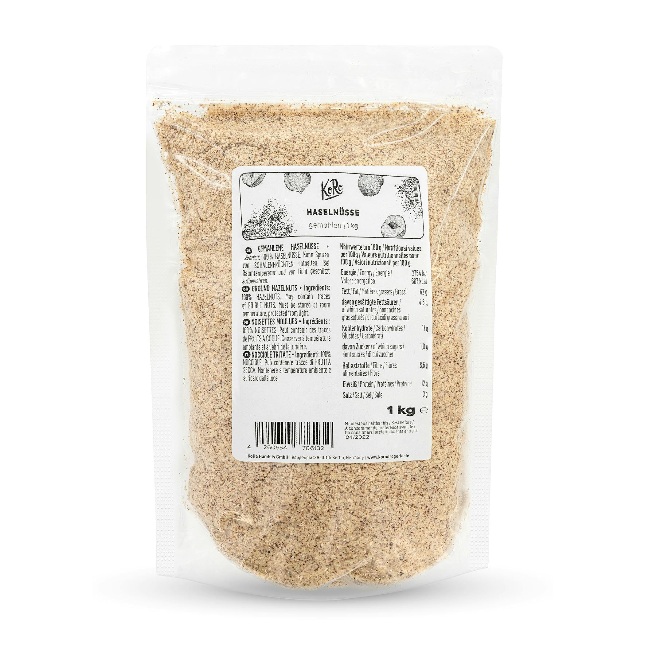 KoRo - Nocciole macinate 1 kg - 100% naturale - Senza additivi - Vegano - Senza glutine - Fonte di fibre