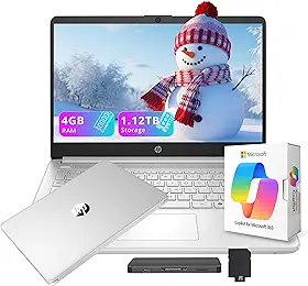 HP Laptop carro-chefe HD para estudantes e negócios de 14 polegadas com copiloto de inteligência artificial, Intel 4 núcleos de 13ª geração, 4 GB de RAM, armazenamento de 1,12 TB (128 GB UFS + estação