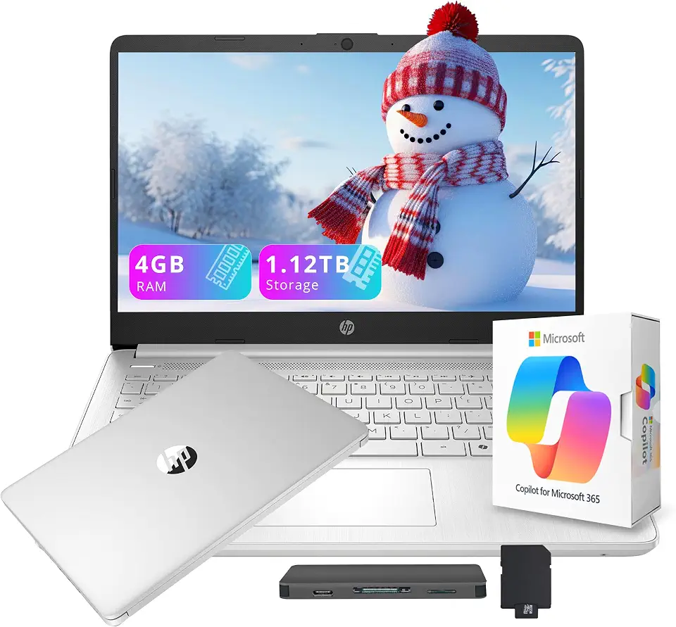 HP Laptop carro-chefe HD para estudantes e negócios de 14 polegadas com copiloto de inteligência artificial, Intel 4 núcleos de 13ª geração, 4 GB de RAM, armazenamento de 1,12 TB (128 GB UFS + estação