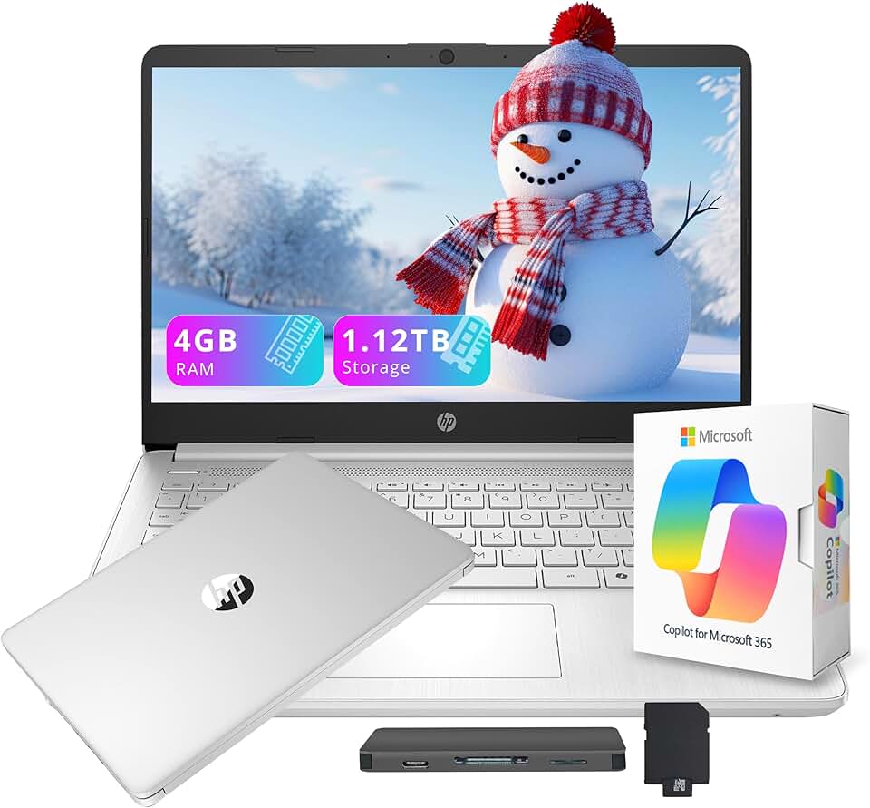 HP Laptop carro-chefe HD para estudantes e negócios de 14 polegadas com copiloto de inteligência artificial, Intel 4 núcleos de 13ª geração, 4 GB de RAM, armazenamento de 1,12 TB (128 GB UFS + estação