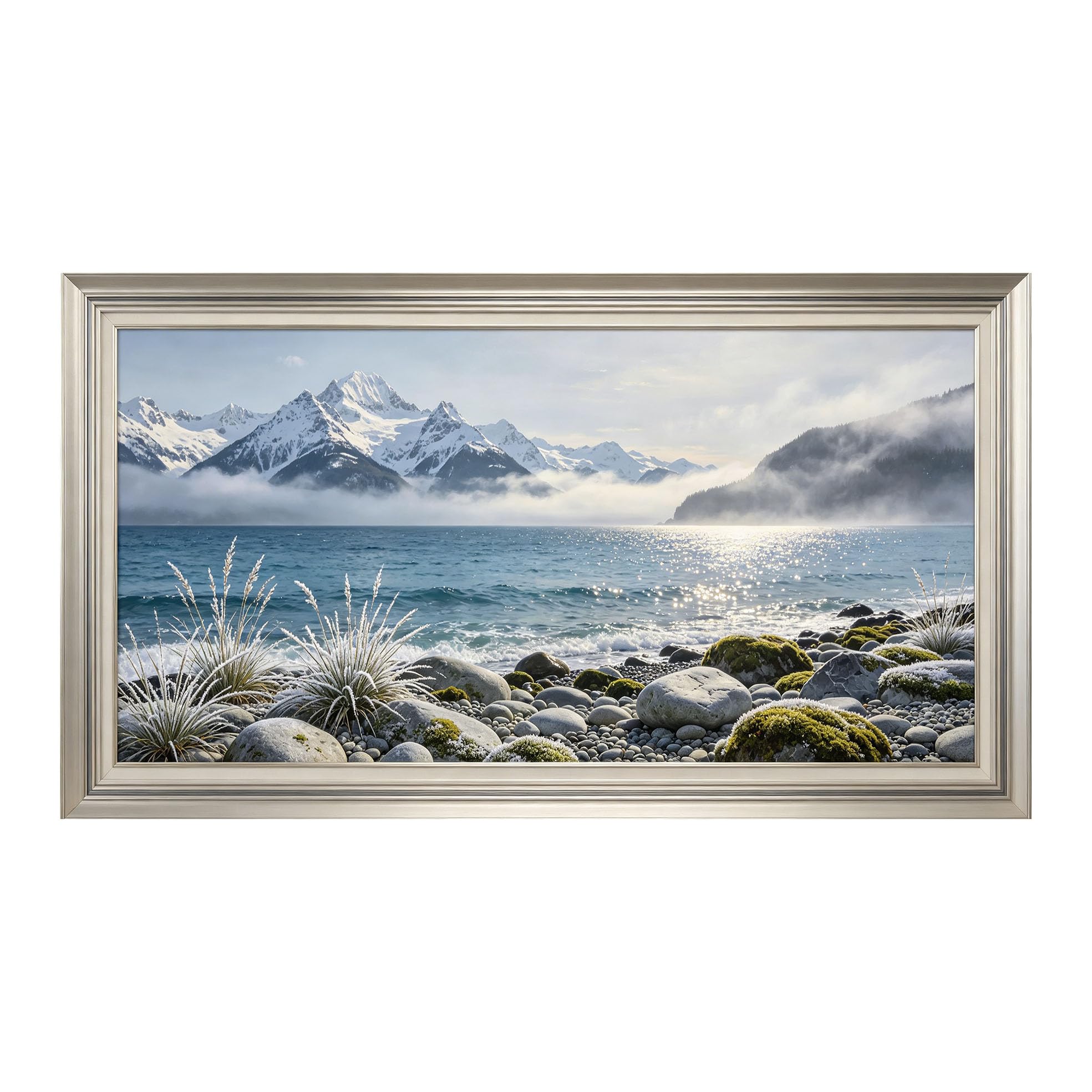 Yzpallescene 3D Framed Wall Art 50cm×100cm Snowy Mountain Lake Seascape Panoramic Realistic Landscape Large Size SelfAdhesive Removable Wall Decor Prints Artwork for Living Room Bedroom Office