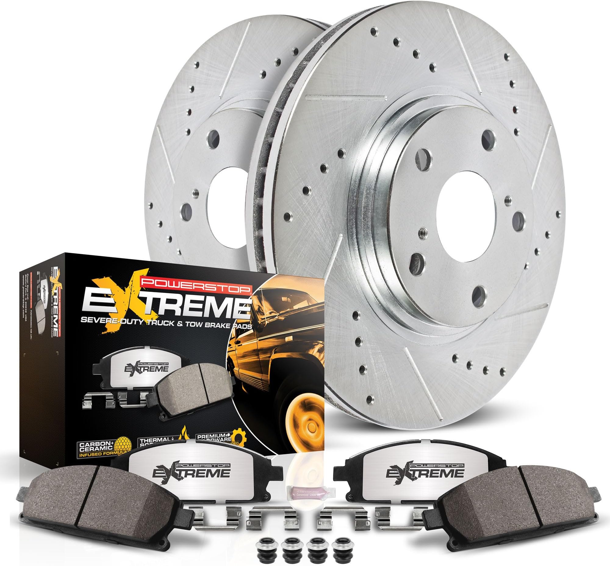 PowerStop Front Brake Kit For Toyota 4Runner 2003-09 |FJ Cruiser 2007-14 |Tacoma 2005-23 - Truck & Tow Carbon Fiber Ceramic Brake Pads + Drilled & Slotted Rotors Upgrade, K137-36