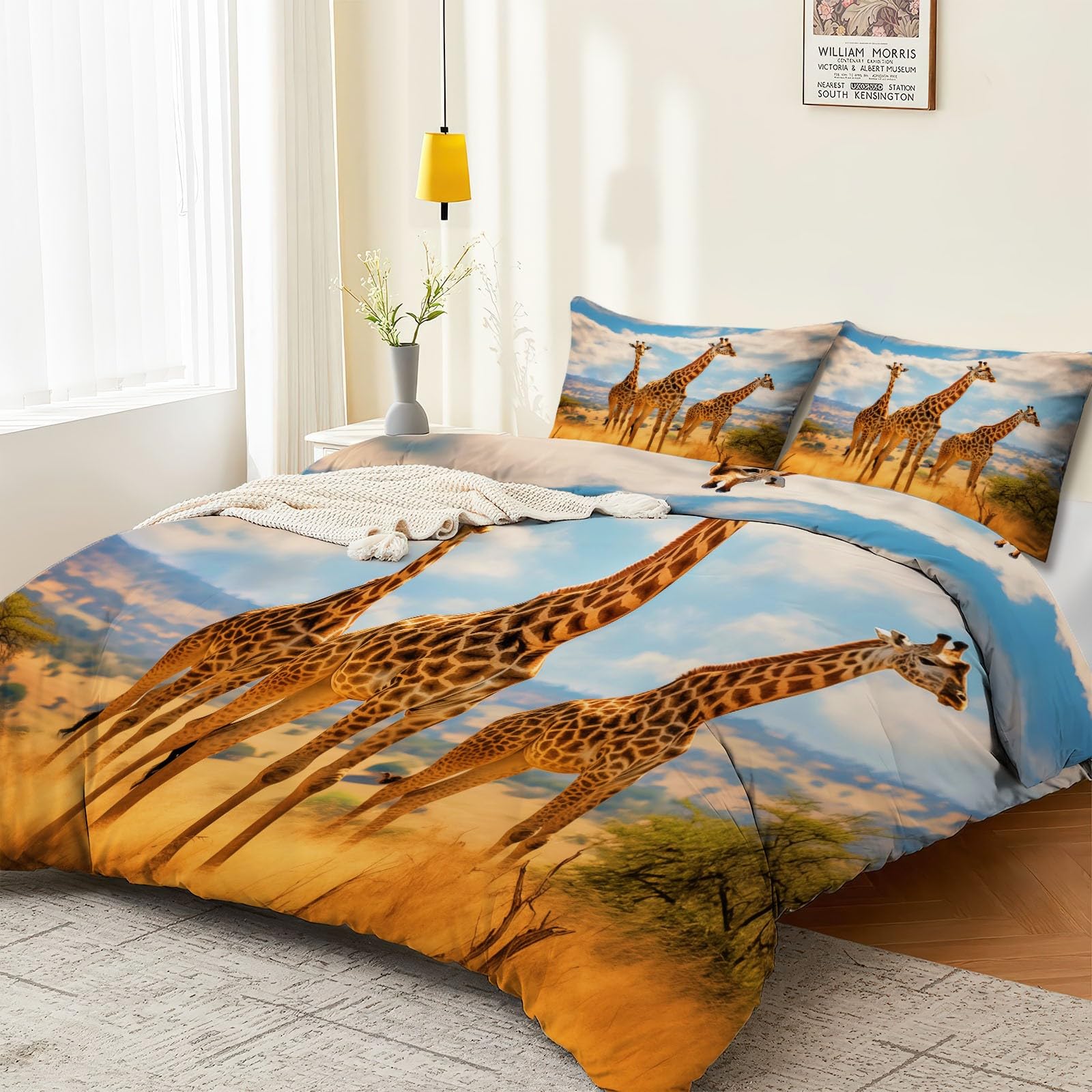 Generisch Wende Bettwäsche Set 155 x 220 cm, Weiche Mikrofaser Wildtiere Grasland Bettbezug Set, 3-teilige Bettwäsche mit Reißverschluss und Vier Eckleisten, Pflegeleicht Bügelfrei, Blau