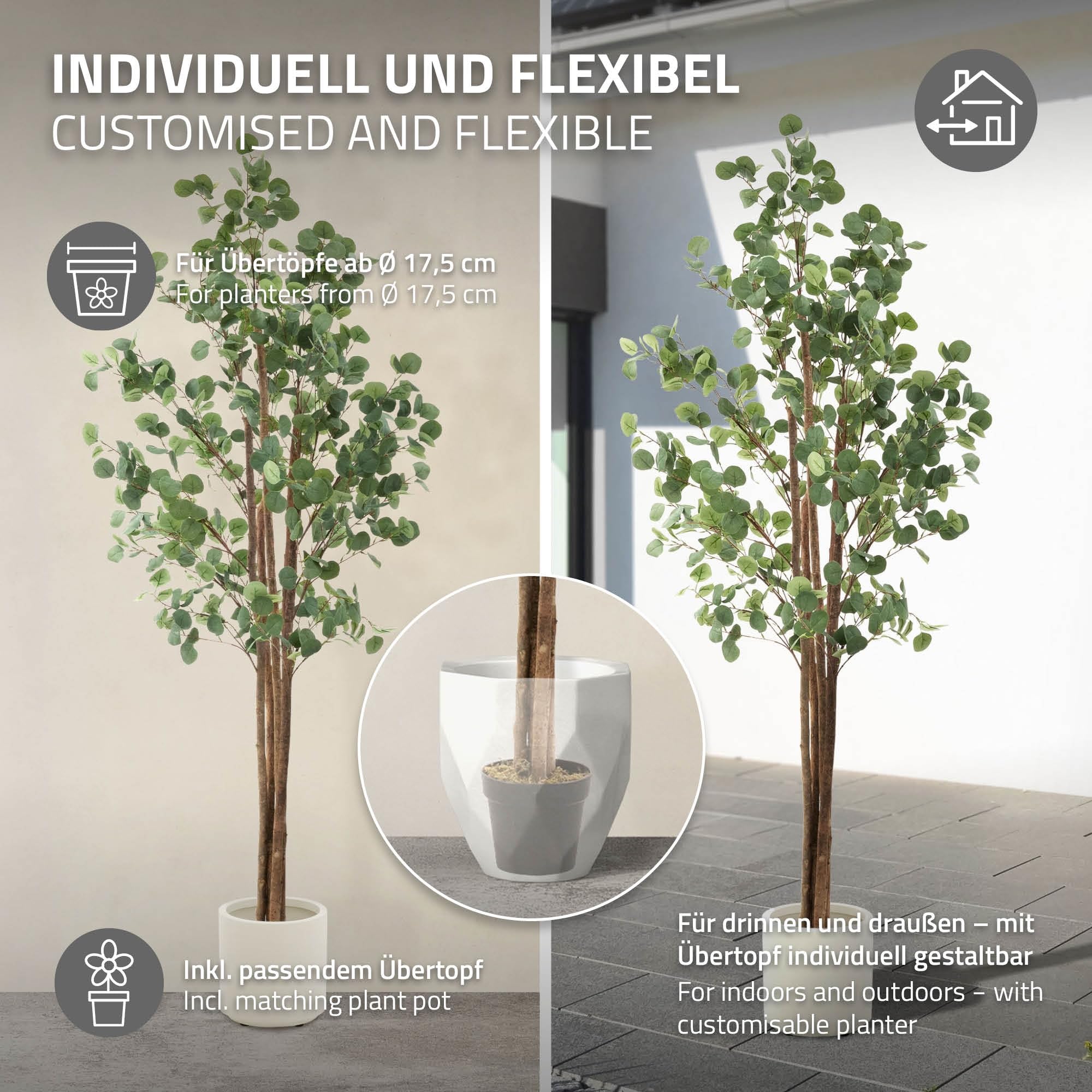 ML-Design sztuczny eukaliptus 210 cm duze rosliny ozdobne z naturalnym drewnianym pniem plastikowe rosliny w doniczce idealna dekoracja do wnetrz i ogrodów realistyczne drzewo do salonu i biura