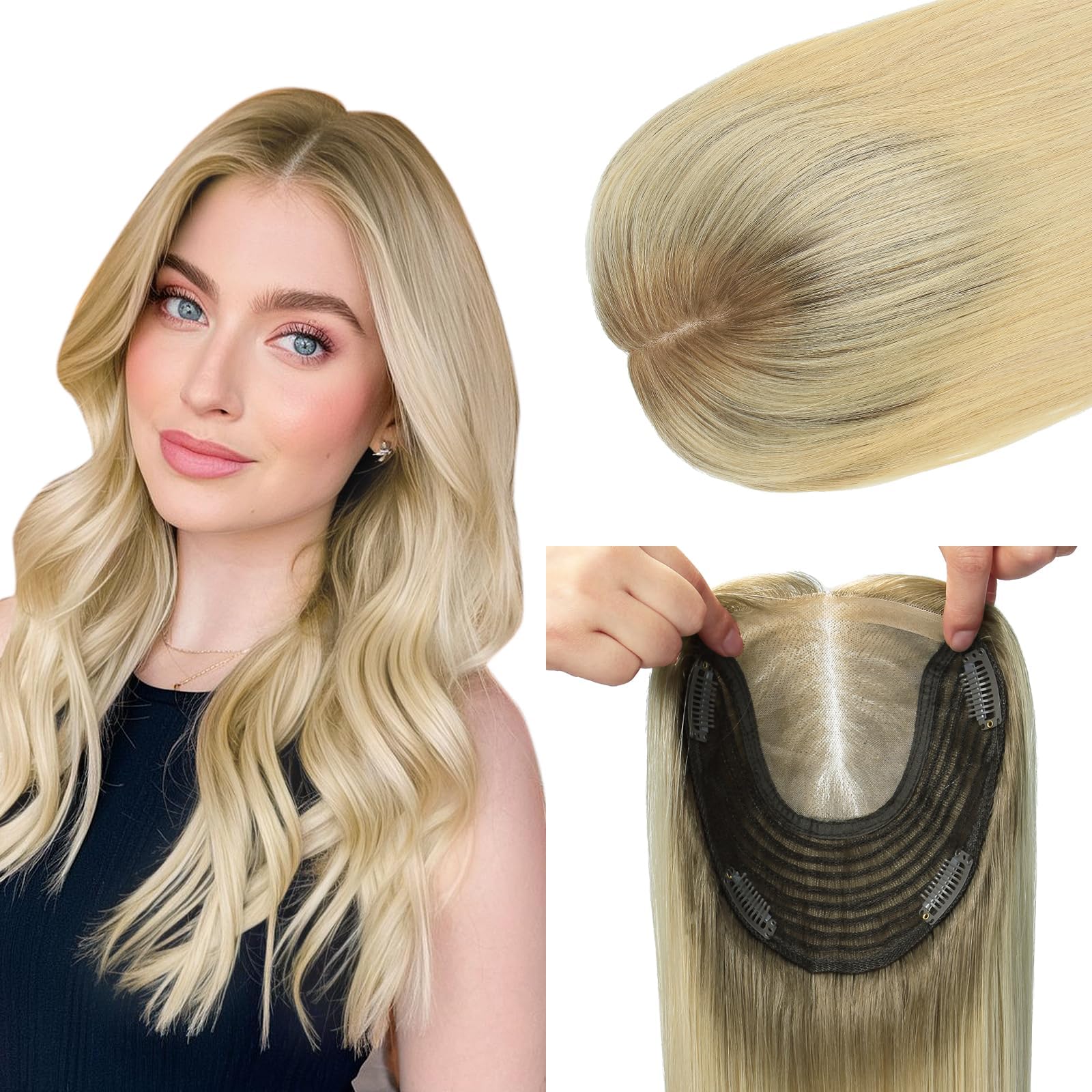 Hair Toppers for Women Real Human Hair 6x7 inch 150 Density Base 12 inch 55 grams ombre Ash Brown to Platinum Blonde Human HairTopper for Women with ThinningHair Cover Gray Roots（#8T60 12inch）