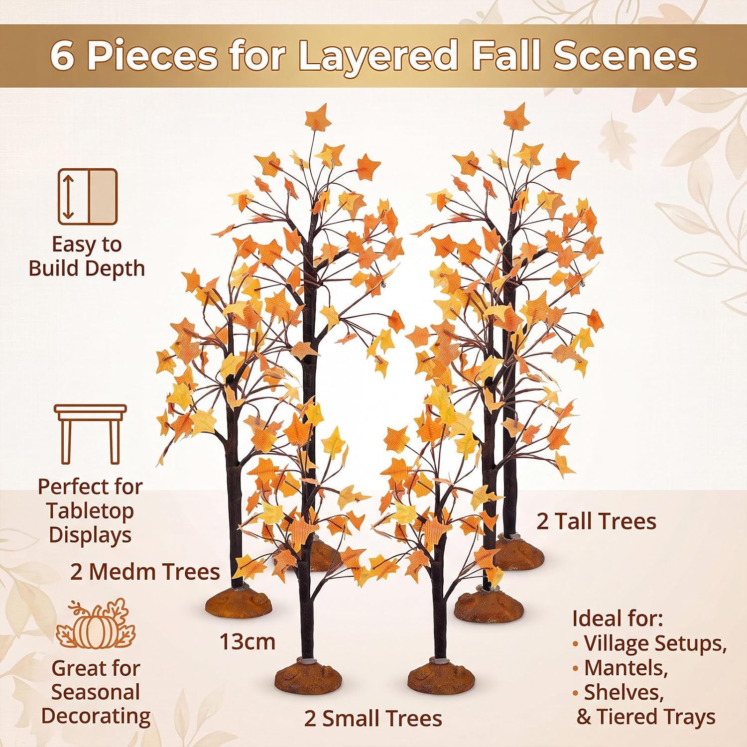Chuangdi 6 Pcs Fall Village Maple Trees, Autumn Mini Artificial Trees in 3 Sizes, Thanksgiving Tabletop Centerpieces for Halloween Village Accessories, Harvest Mantel Shelf Decor, Christmas Party