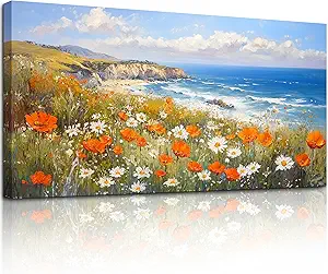 crmotu Coastal Wall Art, Flower Pictures Wall Decor, Large Landscape Wall Art, Wildflower Field Art Prints, Ocean Aesthetic Paintings for Living Room Bedroom Hotel, Office Wall Decor 24x48inch