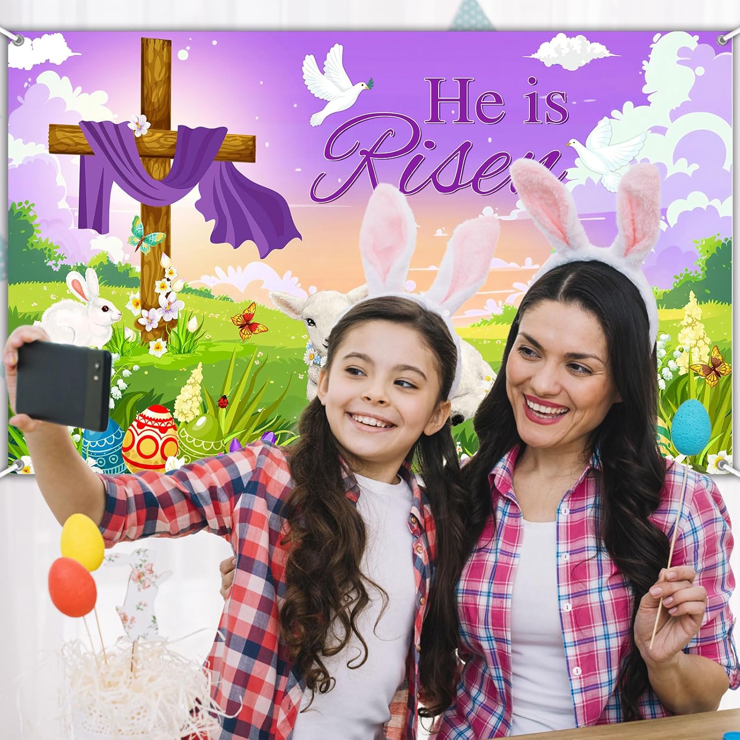 Avezano He Is Risen Banner He is Risen Backdrop Happy Easter Day Decorations Easter Cross Religious Banner for Jesus Spring Party Decor (6x3.6ft)