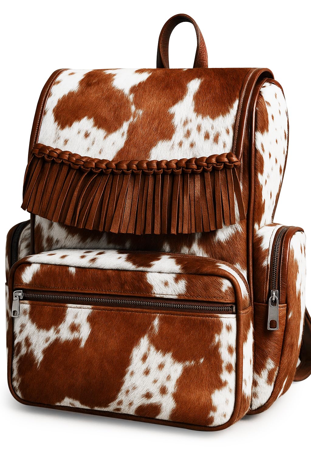 LP-FACON Cowhide Hair Cow Fur Skin Print Western Leather Fringe Diaper Backpack Rucksack/Knapsack Travel Shoulder Bag Brown