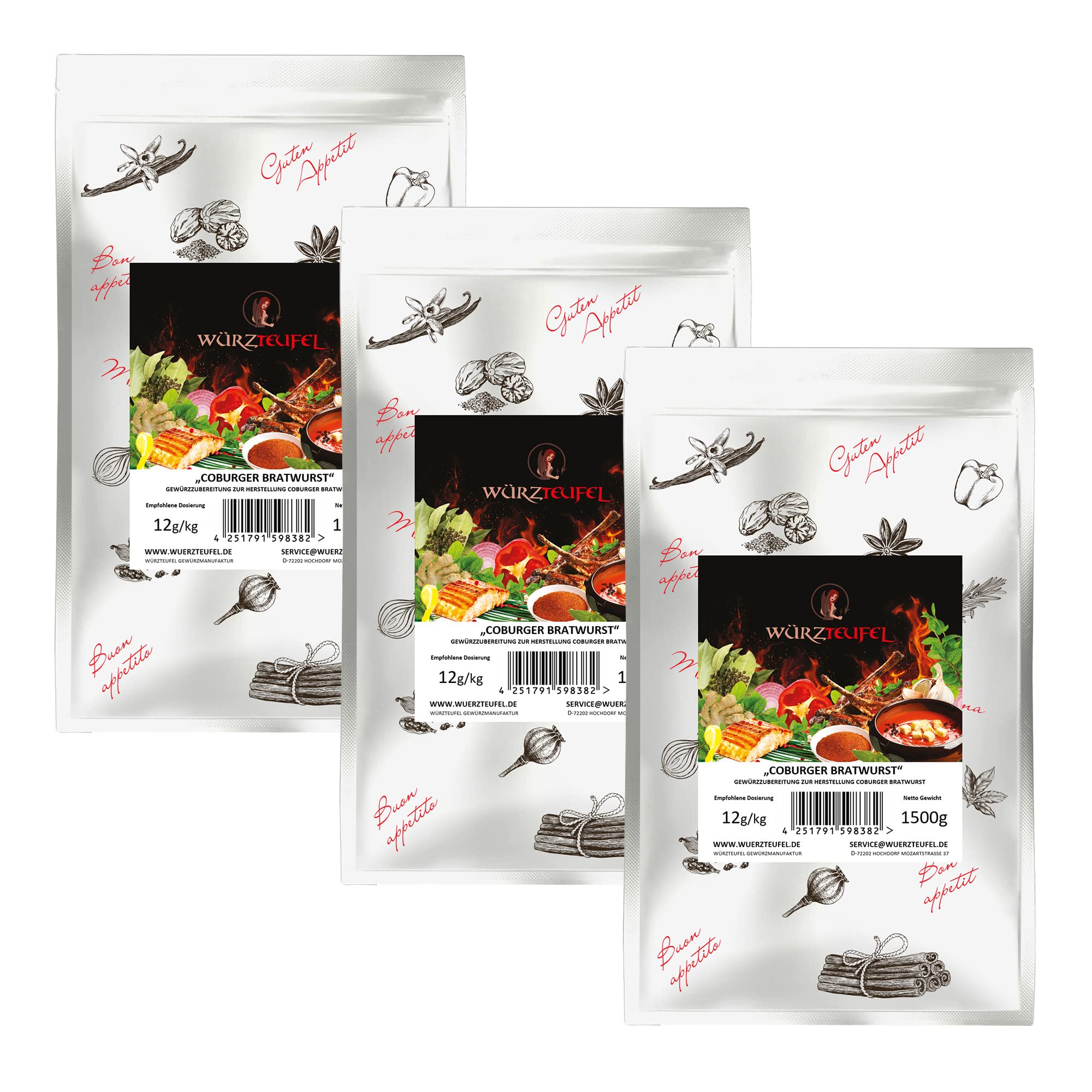 Coburger Bratwurstgewürz, Original Coburger Bratwurst - Gewürz - Zubereitung. 3 XL - Beutel je 1500g. (4,5KG)