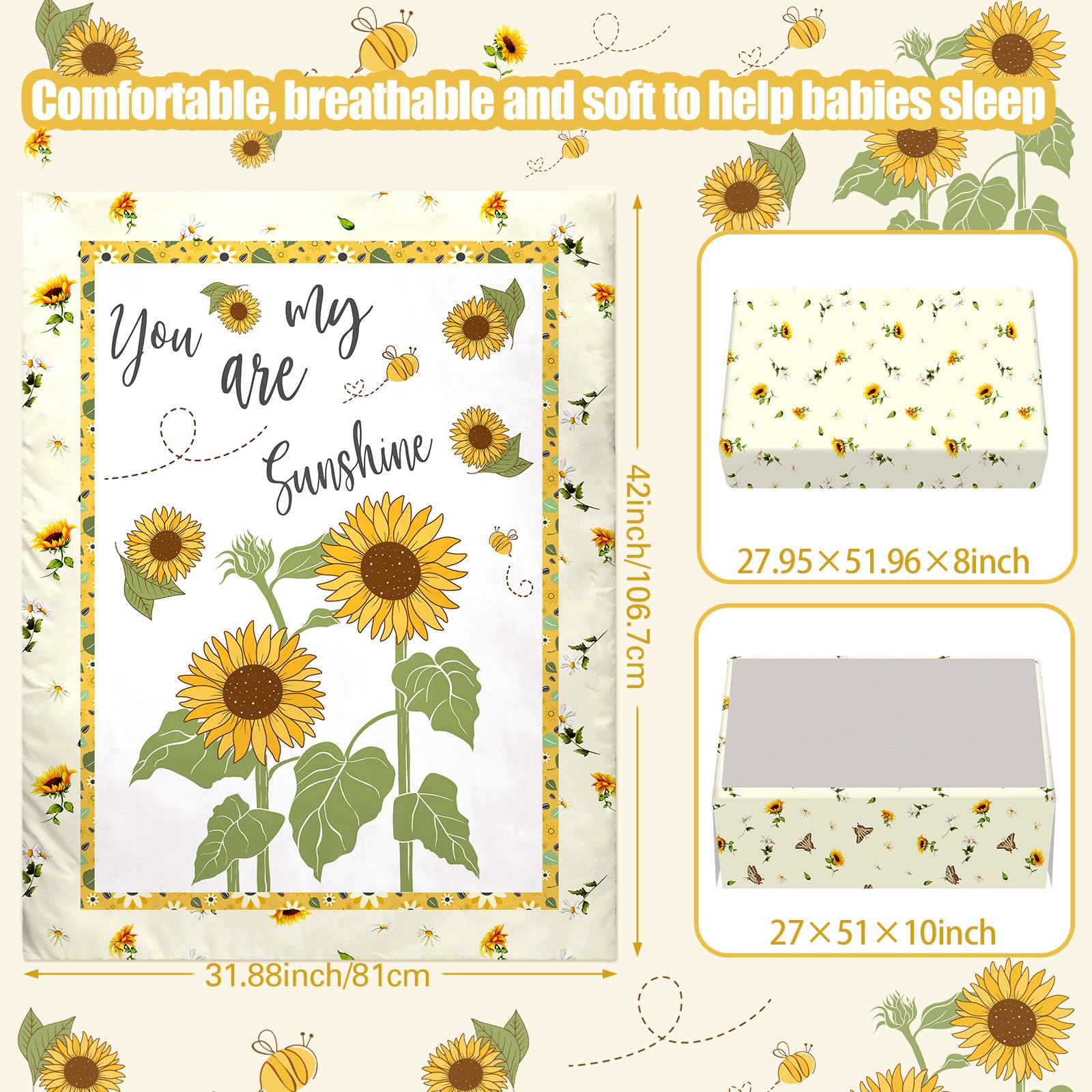 Mixweer 3 szt. słonecznik pszczoła łóżeczko dziecięce zestaw pościeli dla dziewczynki żółte prześcieradła do łóżeczka dziecięcego You Are My Sunshine Toddle Sheets żółty kwiatowy neutralny standardowy
