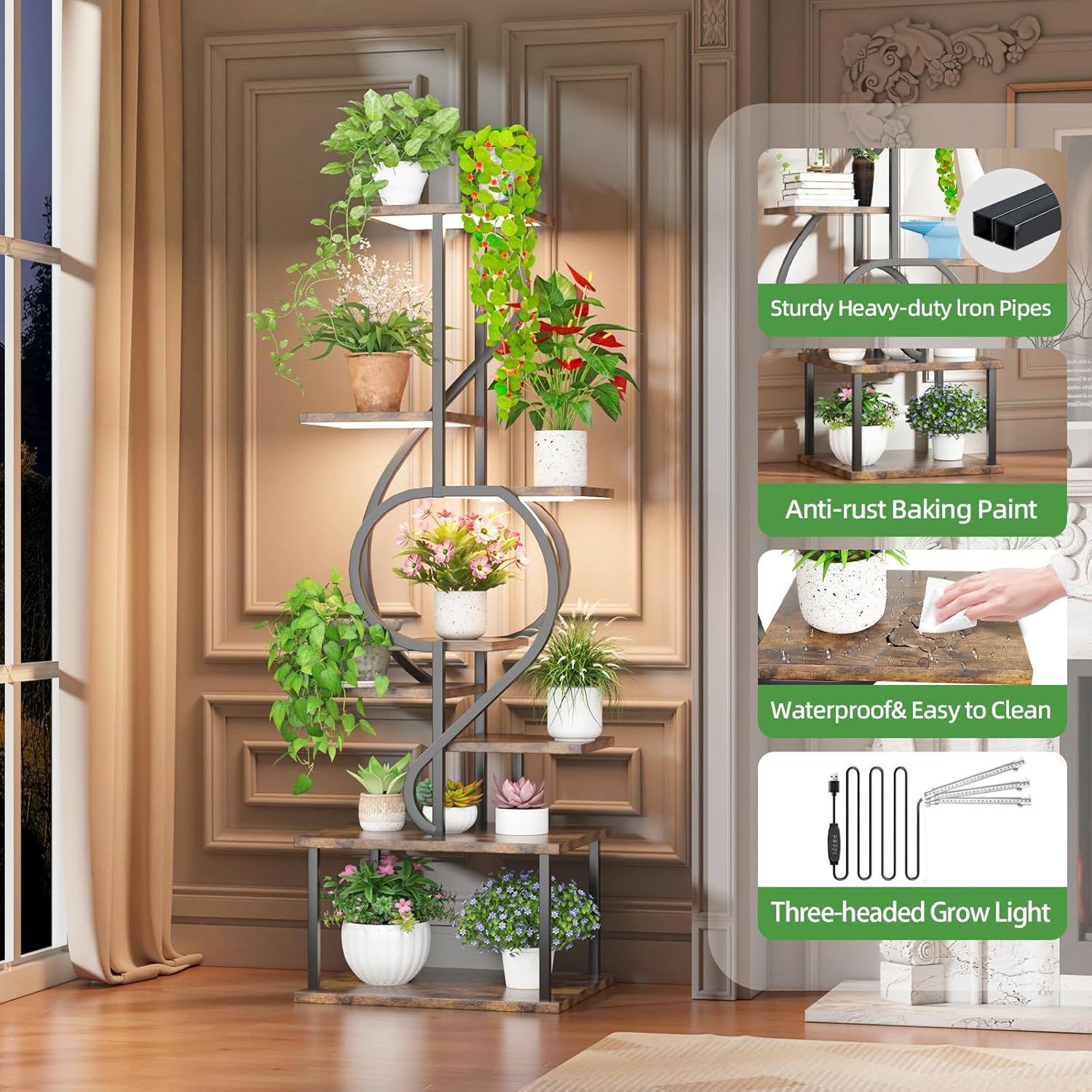 Plant Stand Indoor with Grow Light,8 Tiered Indoor Plant Stand,58" Tall Plant Flower Shelf,Creative Note Shaped Plant Holder for Home,Patio,Brown