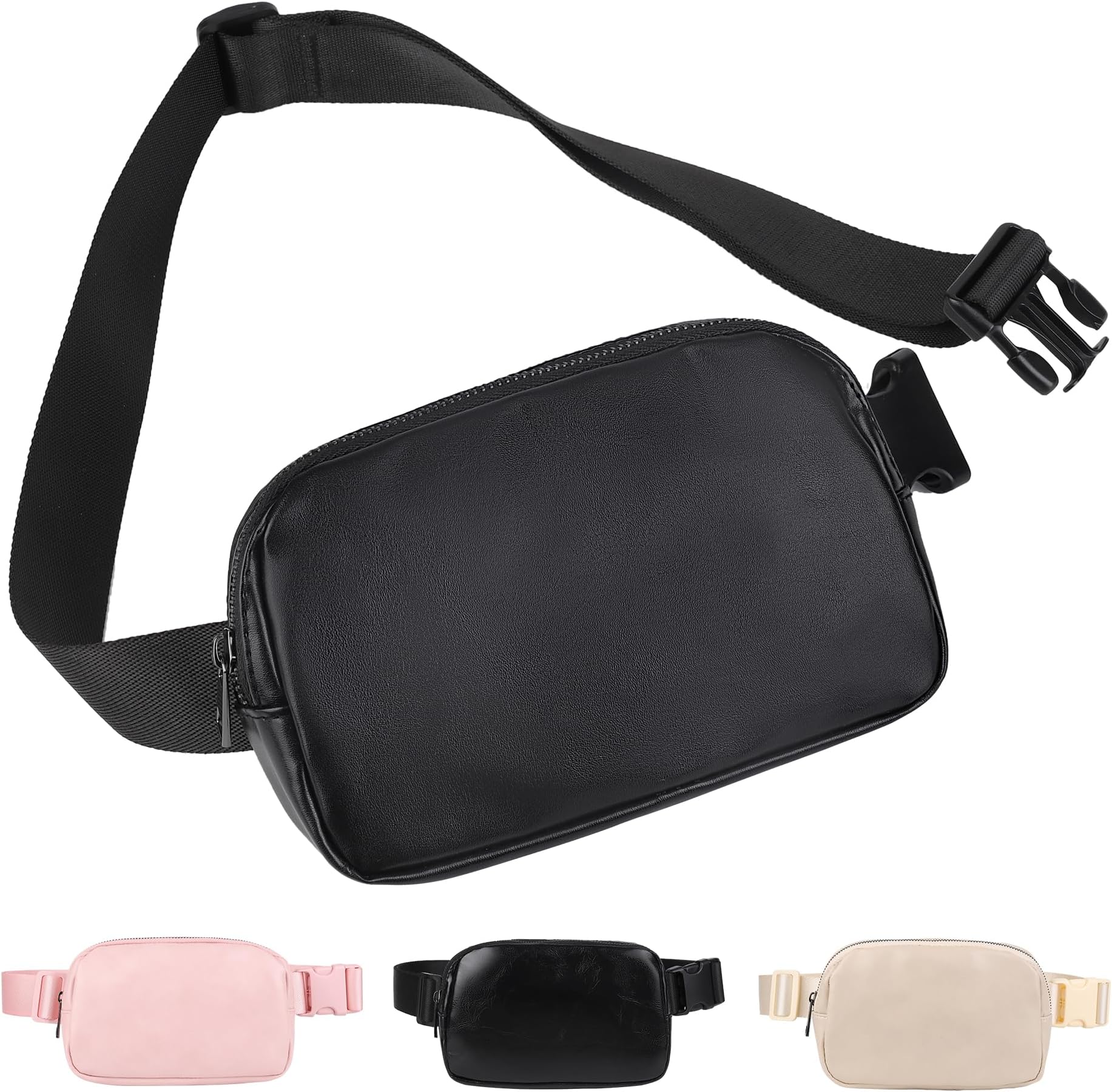 ZPN Mini Fanny Pack Belt Bag for Women and Men, Fashionable Waterproof Waist Pack with Adjustable Strap for Traveling, Hiking, Jogging, Cycling (PU Black)