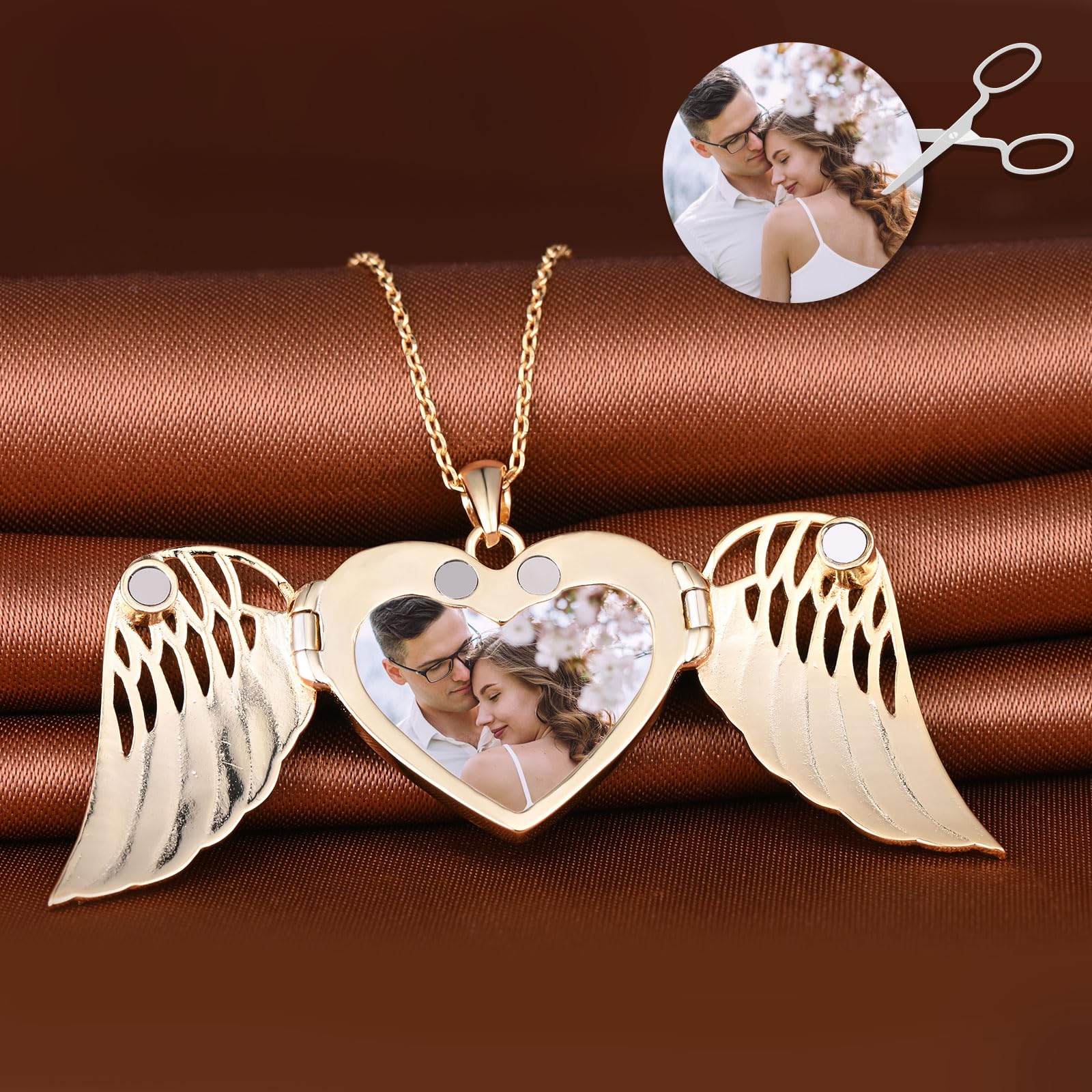 MicLee Collar Foto Corazón Medallones de Plata 925 para Mujer Collares Colgantes Photo Openable Moda Colgante Corazón de Alas - Pluma Collar Souvenir