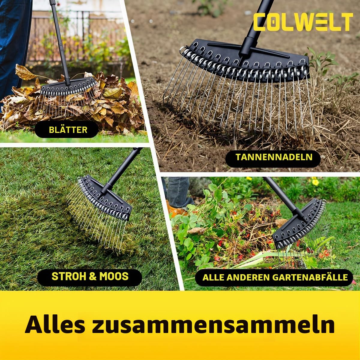Colwelt Vertikutierrechen, Federstahlzinken, 155 cm Stahlstiel, Rasenrechen