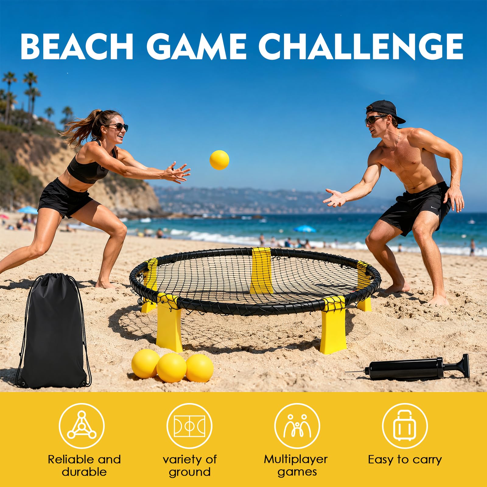 Set Roundnet Completo con 3 Palline, Rete, Pompa e Borsa da Trasporto, Gioco da Spiaggia e Giardino per 2-6 Giocatori
