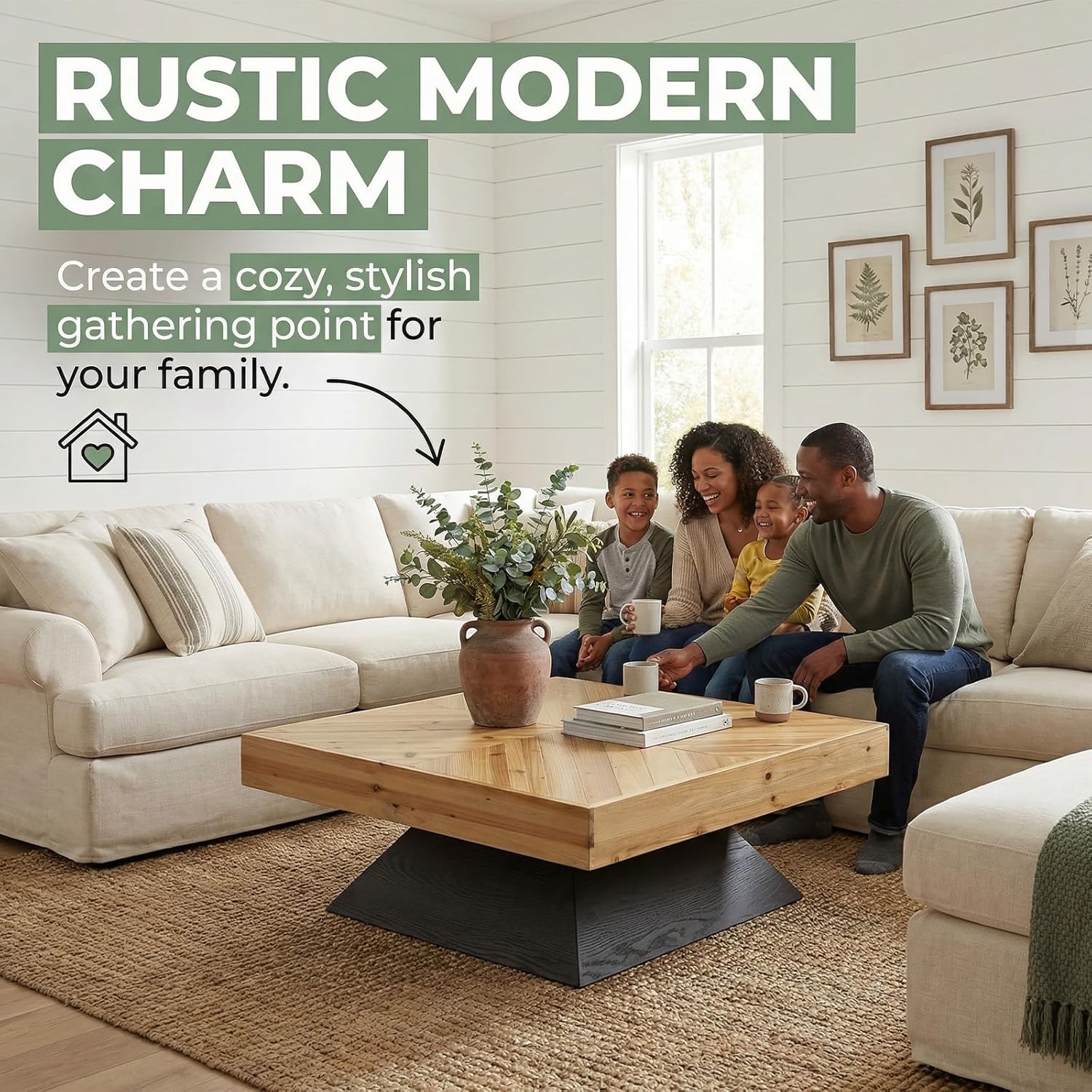 Solid Wood Coffee Table, Square Coffee Table, 3.9'' Thick Tabletop, No Assembly, Moisture-Proof and Waterproof, Coffee Tables for Living Room, Dining Room, Apartment, Home Office