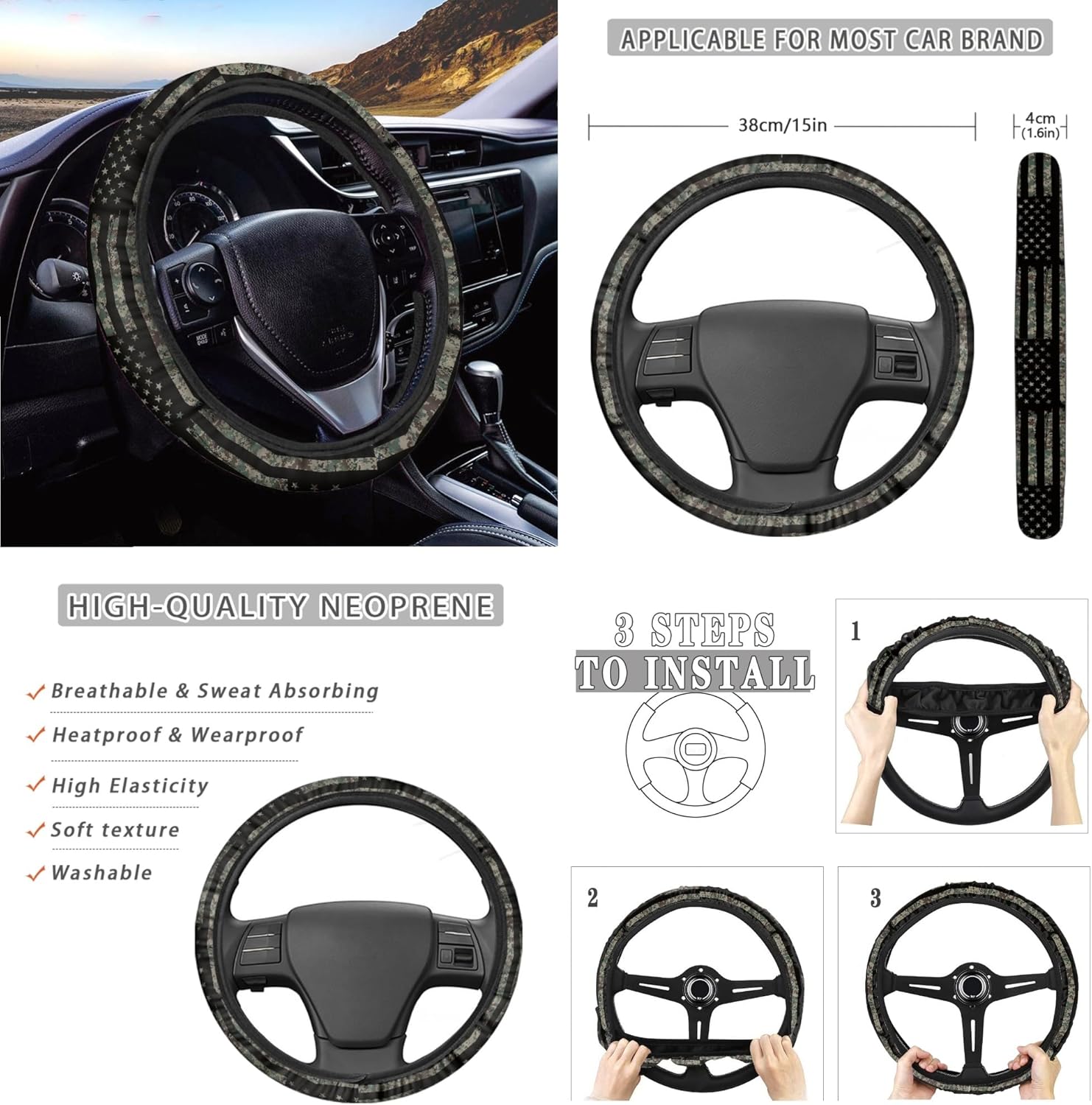 American Military Flag 14 Pack Car Seat Cover Set with Steering Wheel Cover Seat Belt Strap Covers Garbage Bin Armrest Pad Rearview Mirror Gear Shift Knob Covers Set Coasters Fit SUV Sedans