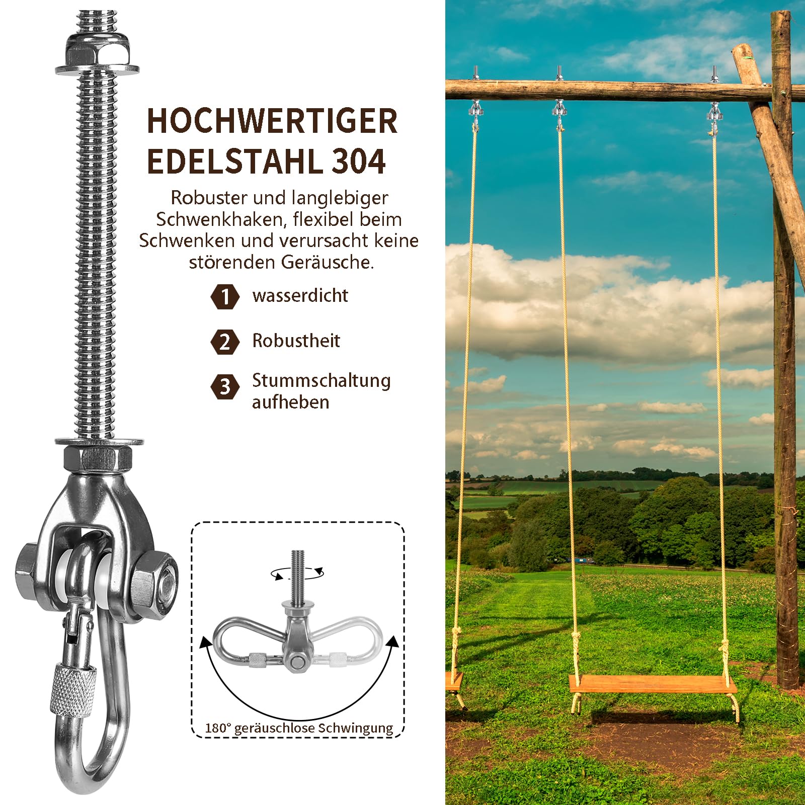 2er Schaukelhaken Karabiner für Müheloses Aufhängen 180°,Hängematte Befestigung Edelstahl Holzbalken M10 Betondecke Aufhängung Hängesessel,227kg Tragkraft für Spielplatz Schaukel Yoga Sandsäcke