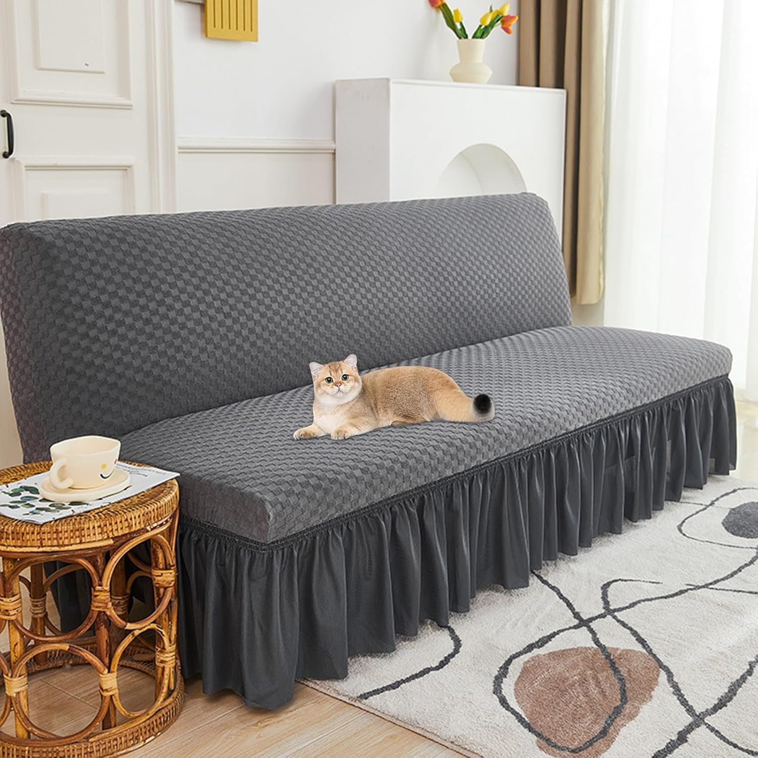 Armless Sofa Cover with Skirt Stretch Futon Covers Full Size with Elastic Bottom Folding Sofa Bed Slipcover Protector for Living Room Dark Gray