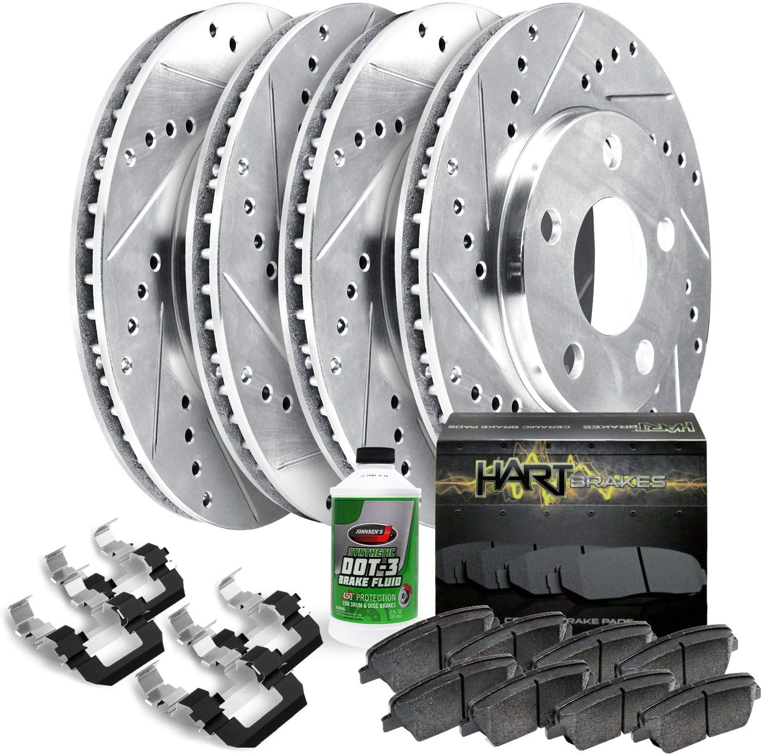 Hart Brakes Front and Rear Brake Rotors Silver Drilled Slotted Ceramic Brake Pads Compatible For 2010-2016 Hyundai Genesis Coupe