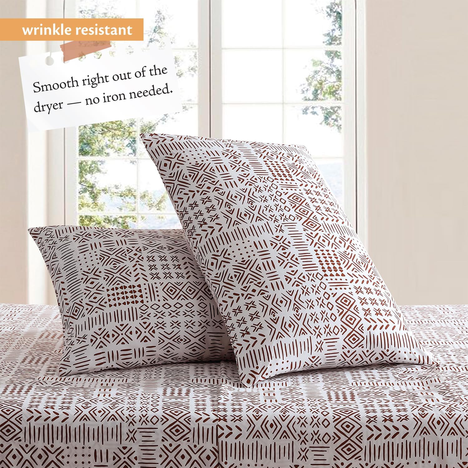 インディゴインク - クイーンサイズシーツセット、ボーホー幾何学模様寝具4点、ソフトでしわになりにくい(ホワイトデニムコレクション、