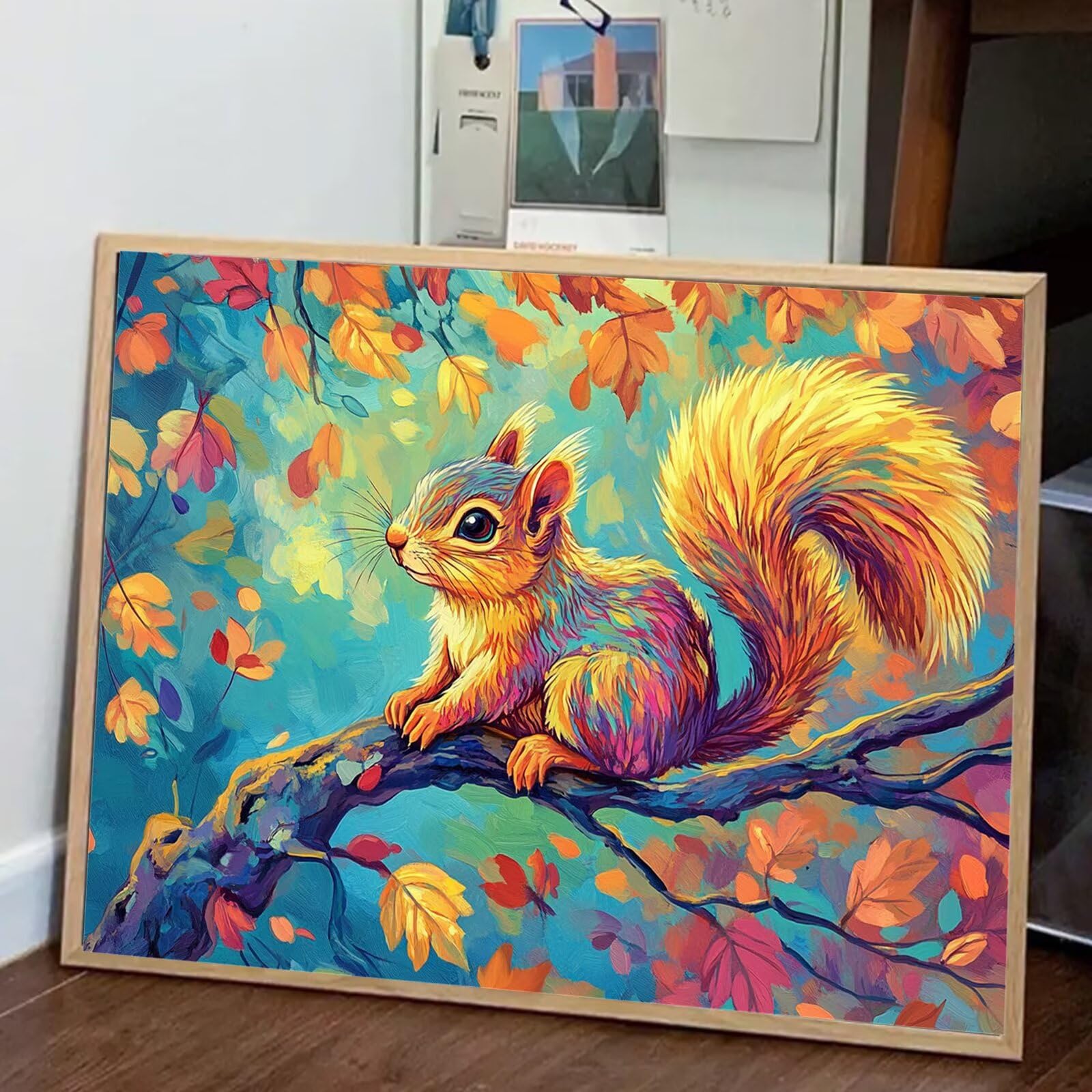 Dipingere Con i Numeri Adulti Autunno Dipingere con i Numeri con Telaio 60x90 cm,Scoiattolo Paint by Numbers con Vernici e Pennelli,Kit di Pittura a Olio Fai-da-Te per Decorazioni Casa Regalo,kk-765