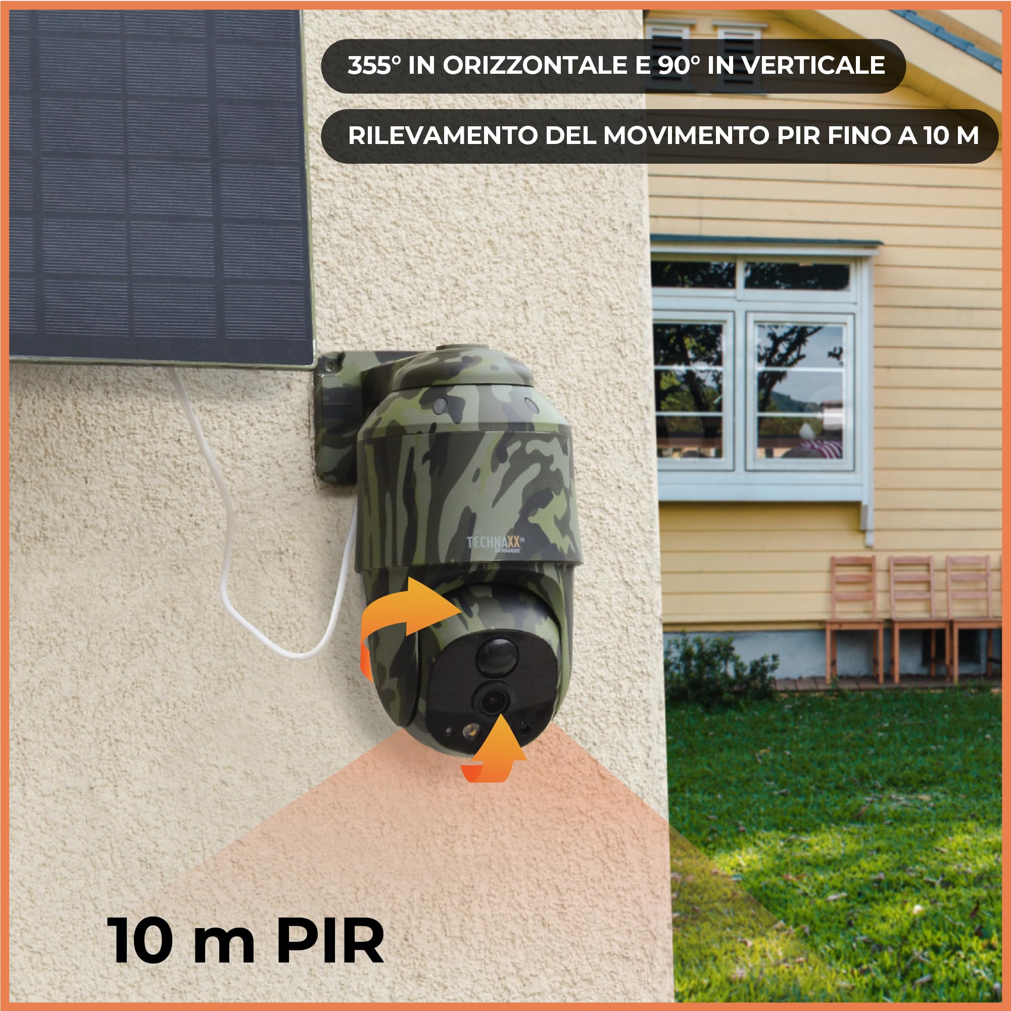Technaxx Telecamera PT 4G da esterno con pannello solare 5W, 4MP, PIR, PTZ 360°, IP65 TX-290
