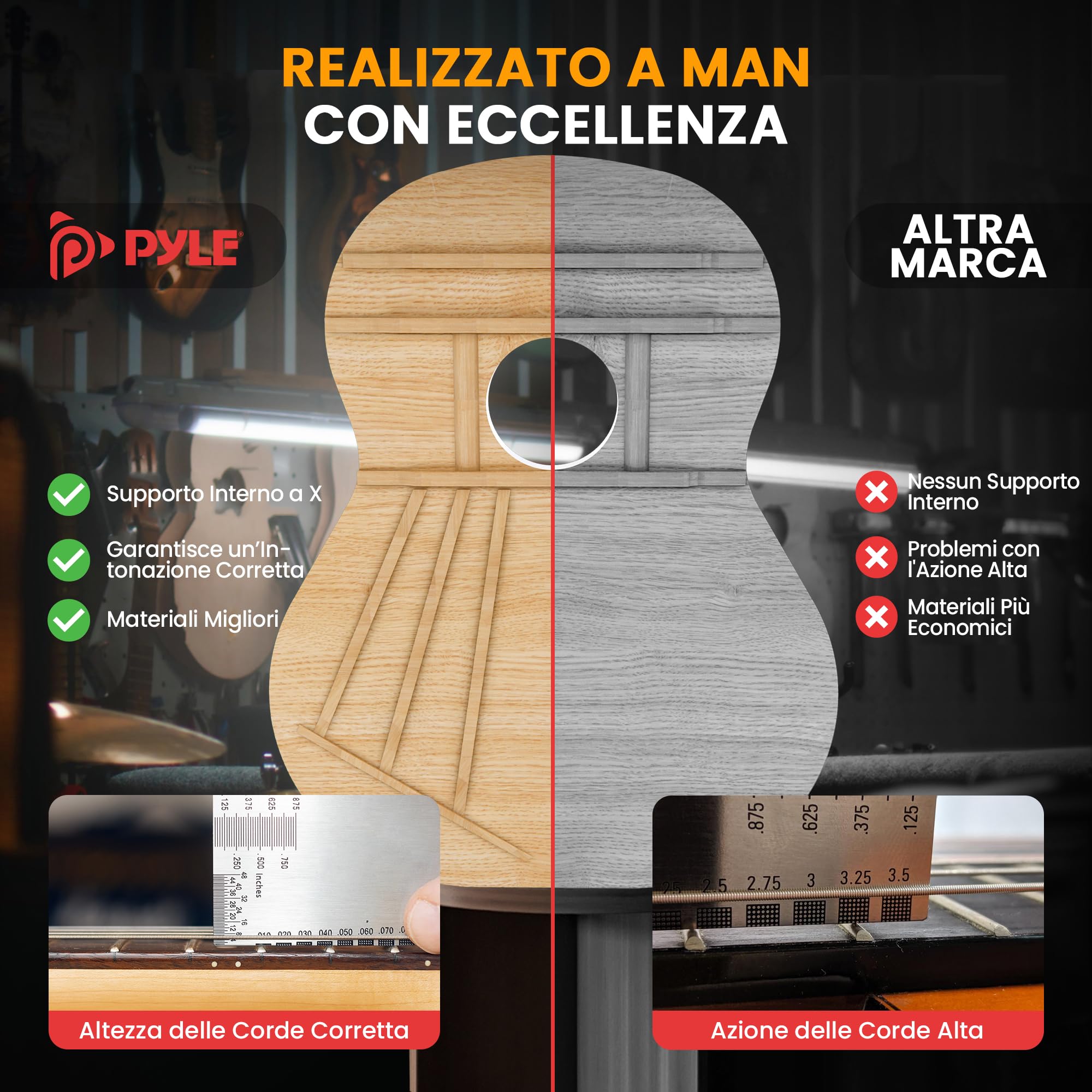 Pyle Kit Chitarra Elettrica Acustica 4/4 con Amplificatore Spalla, Legno Abete Rosso 1,04 m