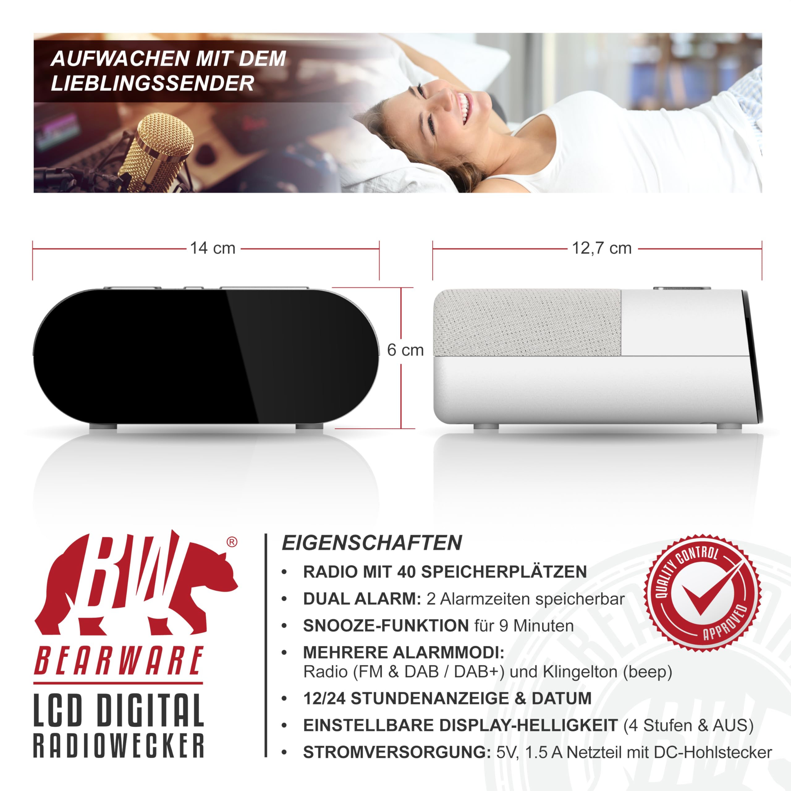 CSL - DAB Plus Radio digital - Radiowecker DAB+ FM UKW - je 20 Speicherplätzen – 16 Lautstärkestufen – Wecker – große Ziffern – Snooze – Abschalttimer – inkl. Netzteil