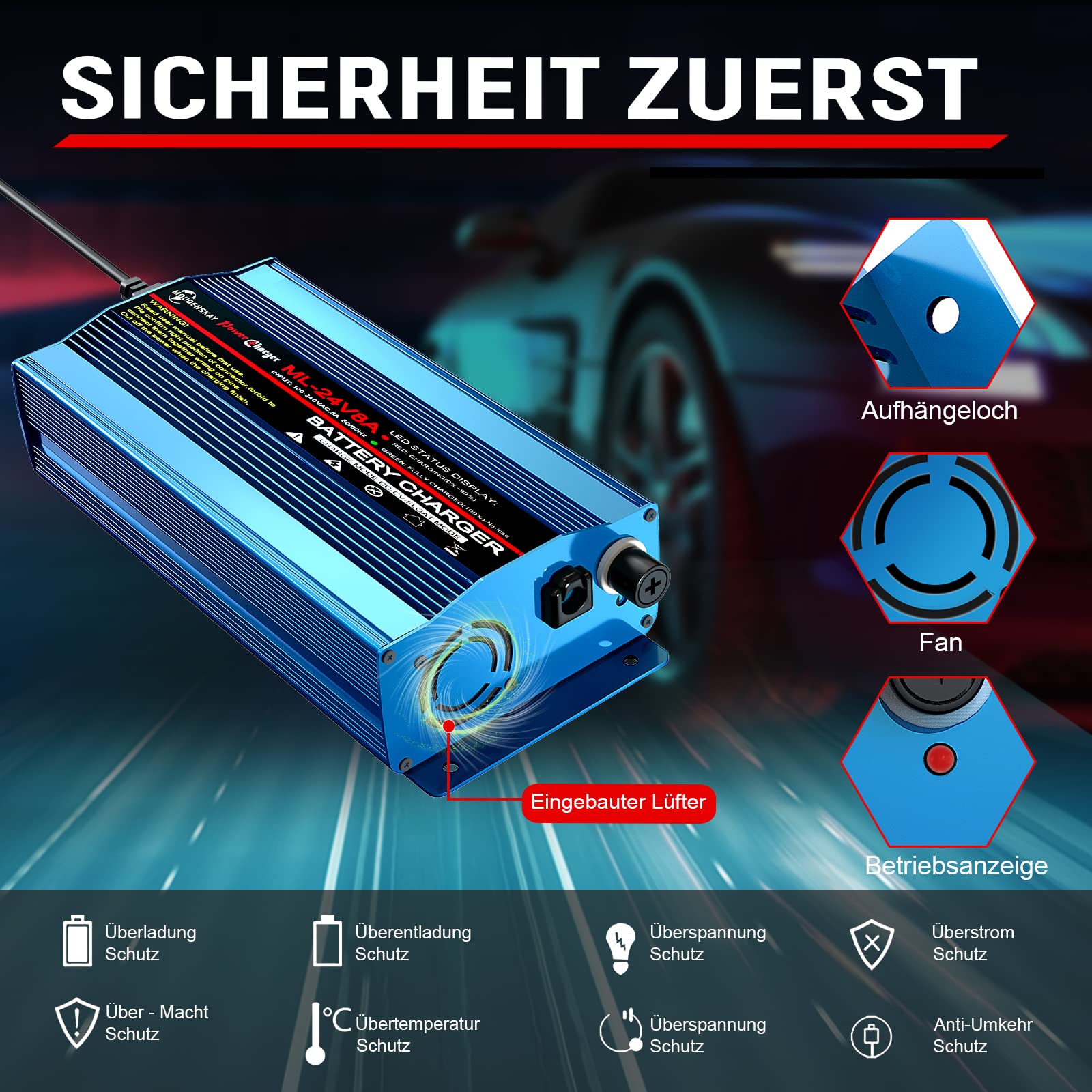 MOUDENSKAY 24 V 8 Amp intelligente automatische oplader met XLR-stekker