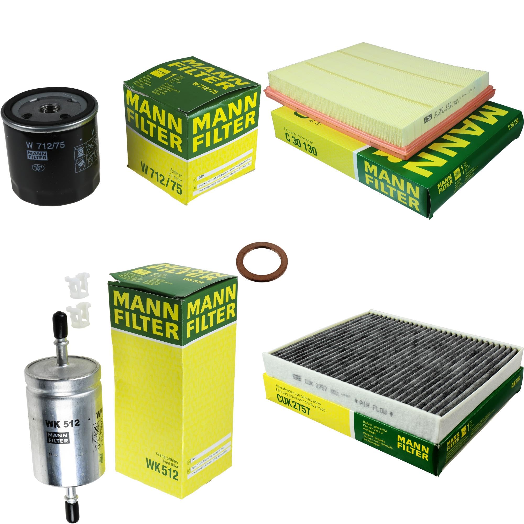Paquete de inspección Kit de mantenimiento de filtros con filtro de aceite W 712/75, filtro de aire C 30 130, filtro de combustible WK 512, filtro de habitáculo CUK 2757, anillo de sellado