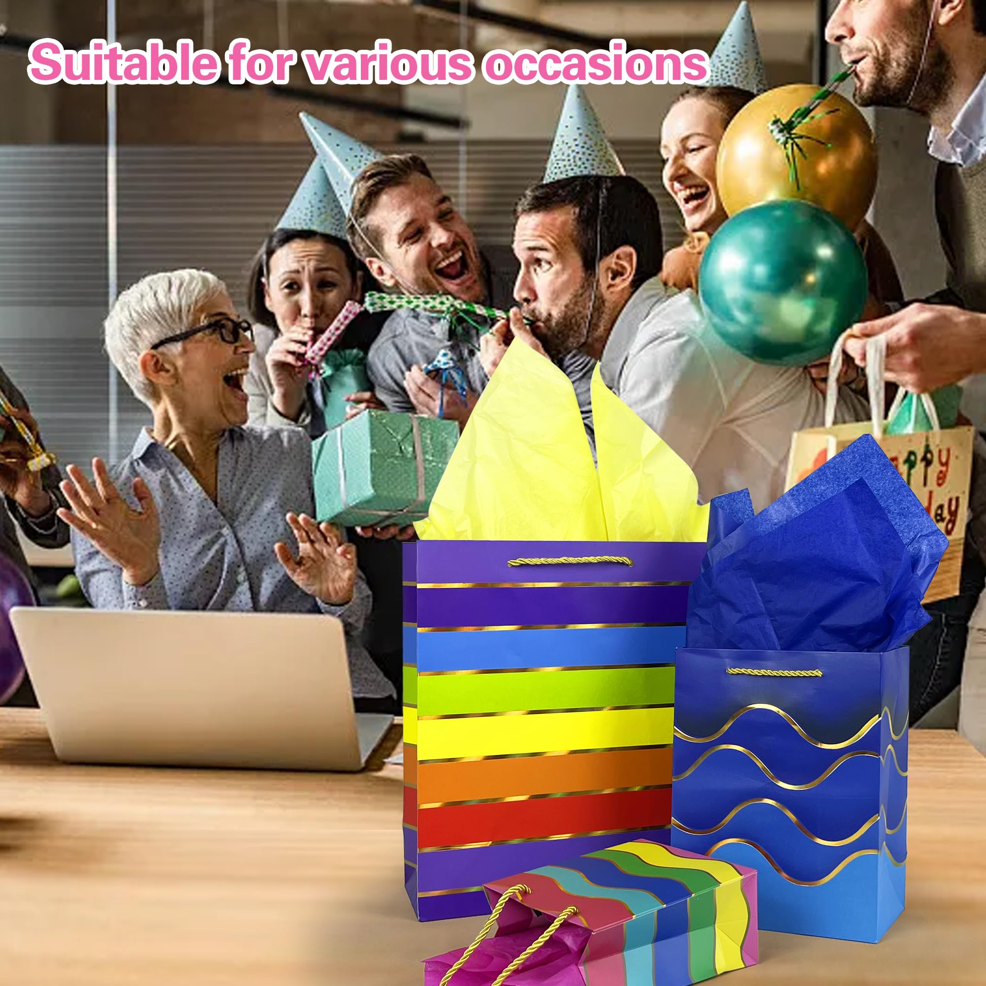 MUMULULU Gift Bags Assorted Sizes and Designs with Handle and Tissue Paper Birthday Gift Bags Rainbow for Birthday Bag Party Baby Shower Wedding Holiday Presents (Striped, 10)