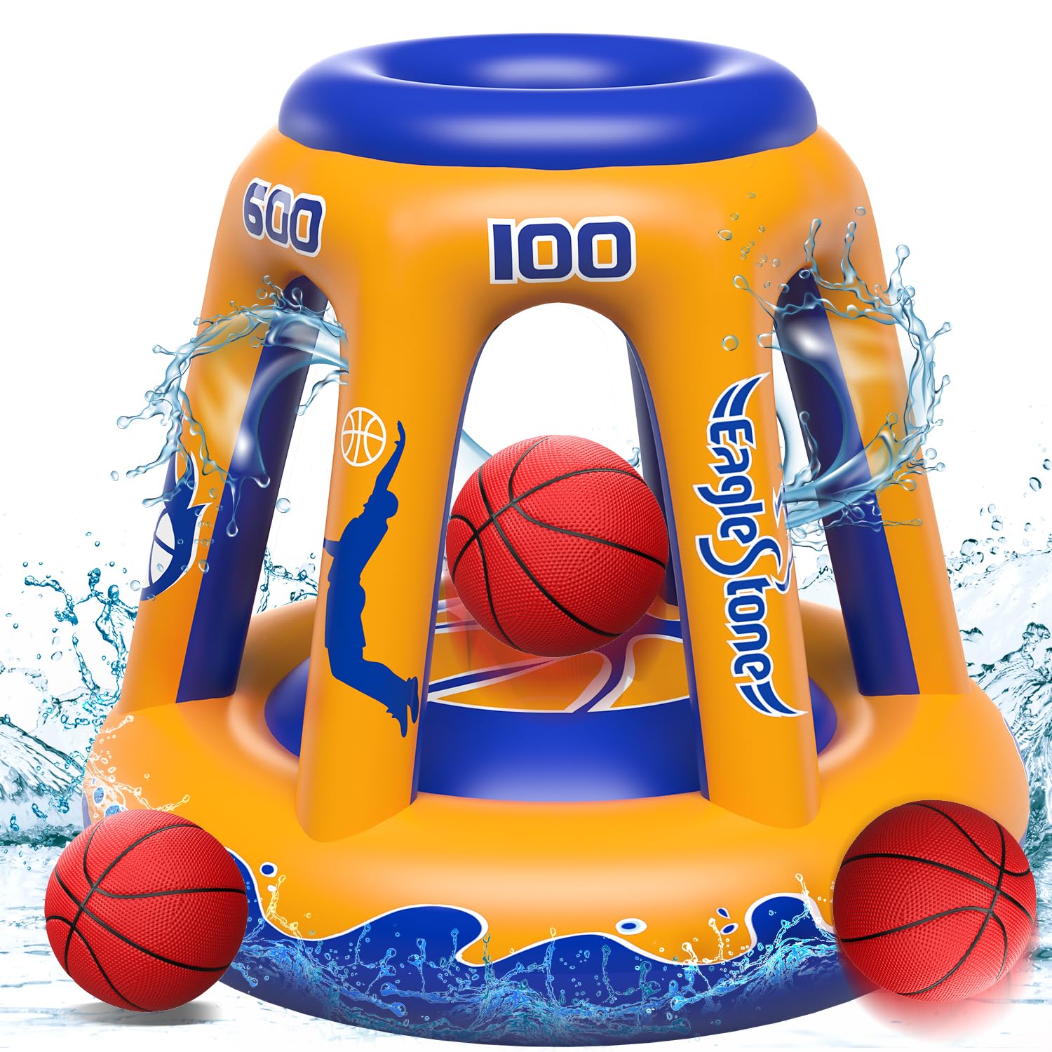 EagleStone Pool Basketball Hoop Toys for Kids Ages 4-8,8-12, 47" Inflatable Floating Swimming Pool Floats Game for Adults and Family, 3 Basketballs/Pump,Summer Outdoor Water Pool Toy, Yellow