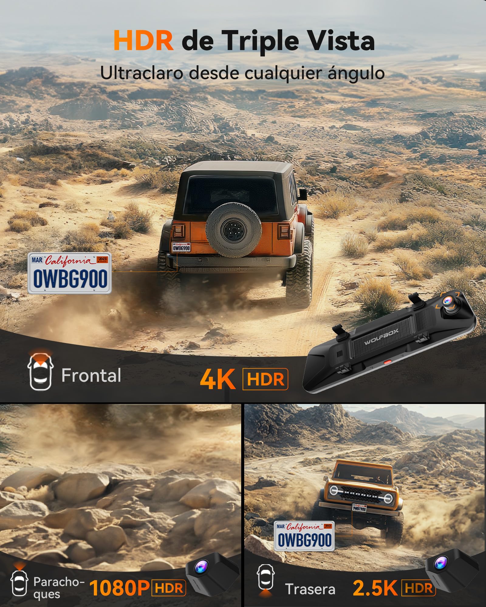 WOLFBOX G900 Tripro Parachoques 3 Canales 4K Espejo de cámara trasera STARVIS 2 IMX678, 4K+2.5K+1080P dashcam coche delantero trasero para parachoques, 5.8 GHz WiFi, control por voz, tarjeta de 256 GB