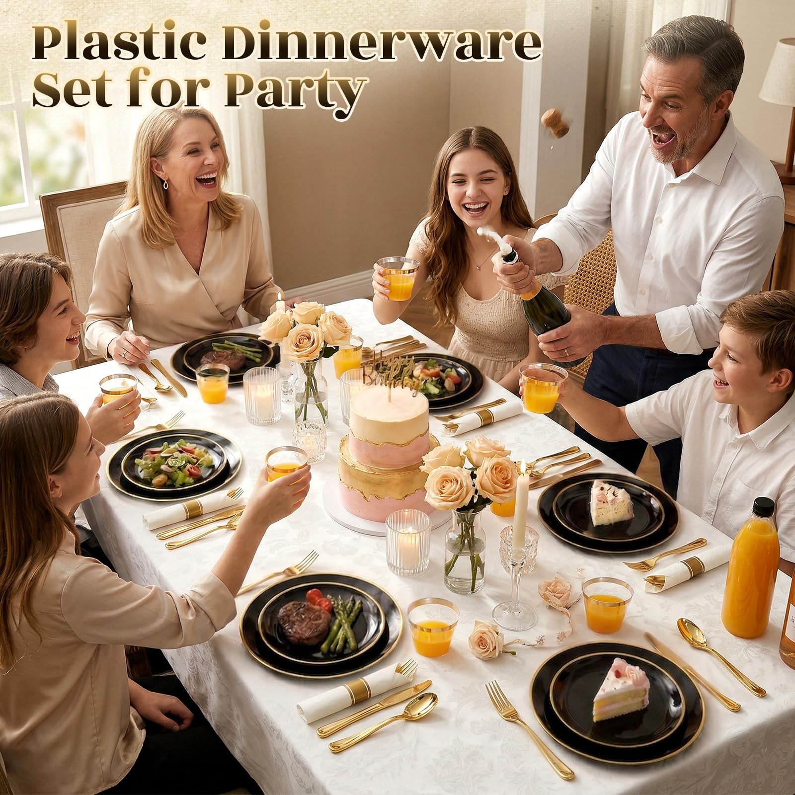 Black Gold Dinnerware Set - 25 Guest Party Plates -5