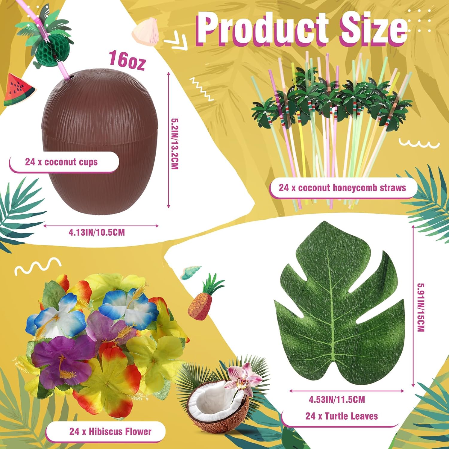 Hushee 24 Pcs Plastic Coconut Cup for Hawaiian Luau Party 24 Coconut Honeycomb Straws 24 Turtle Leaves 24 Hibiscus Flower Plastic Hawaii Cups with Straws for Summer Theme Birthday Party Favors