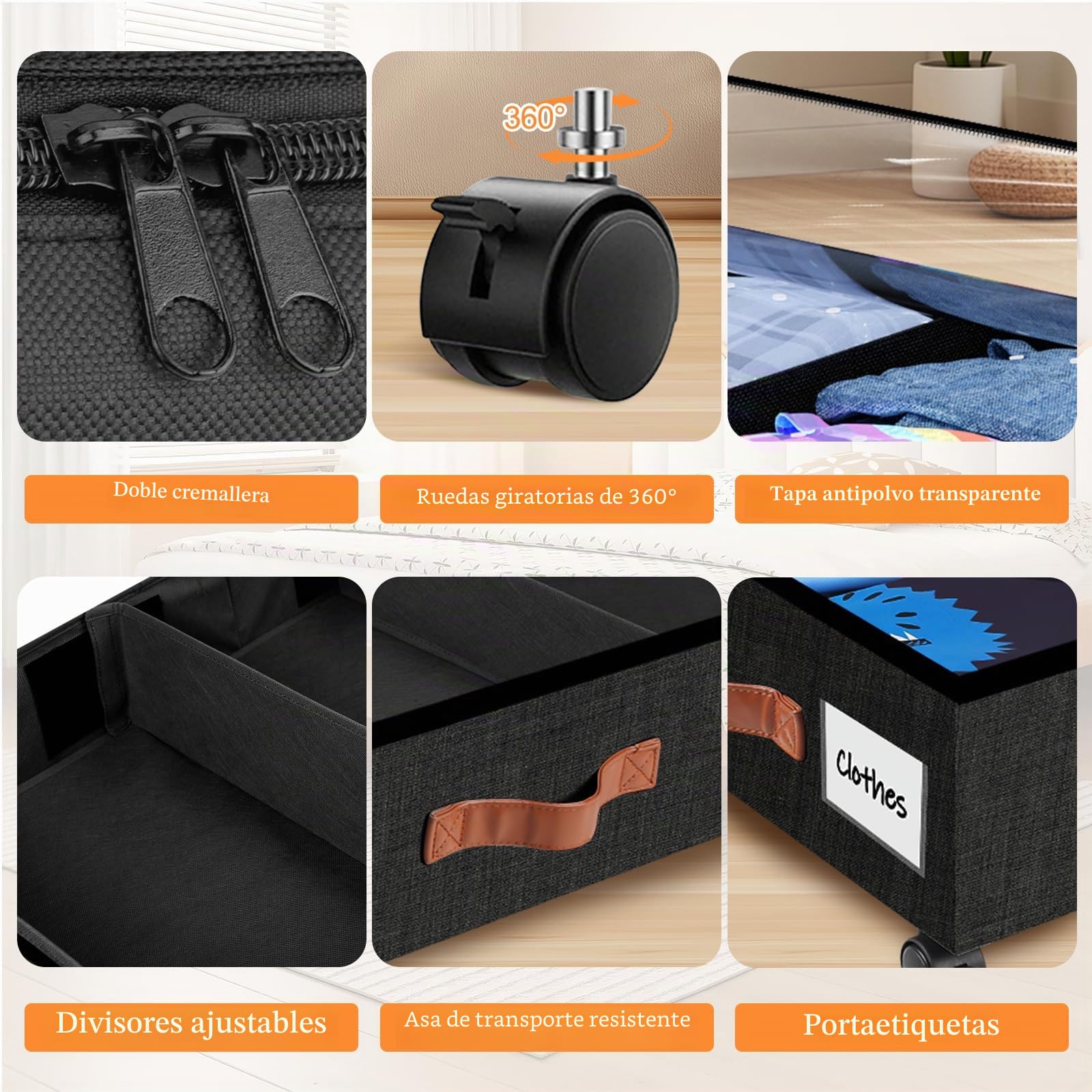 2 Piezas Cajas Almacenaje Ropa con Ruedas, Negro 38L Grande Caja Bajo Cama con Tapa Ventana Visible Marco Metálico Almacenaje Bajo Cama Para Zapatos Mantas Ropa Juguetes Libros Edredones