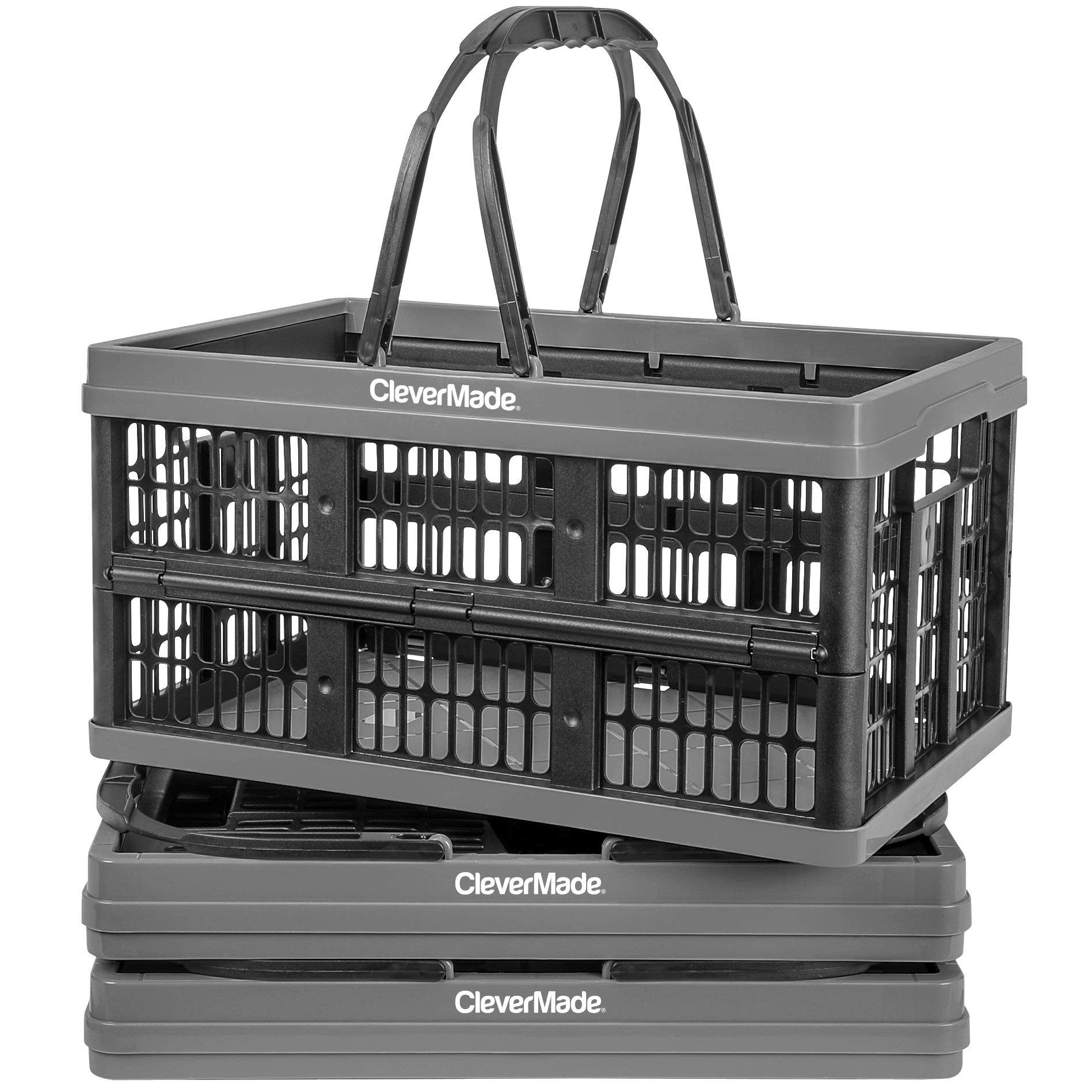 CleverMadeCollapsible Shopping Basket, Charcoal, 3PK - 16L (4 Gal) Reusable Plastic Grocery Shopping Baskets, Holds 22lbs Per Basket - Small Foldable Storage Crates with Handles