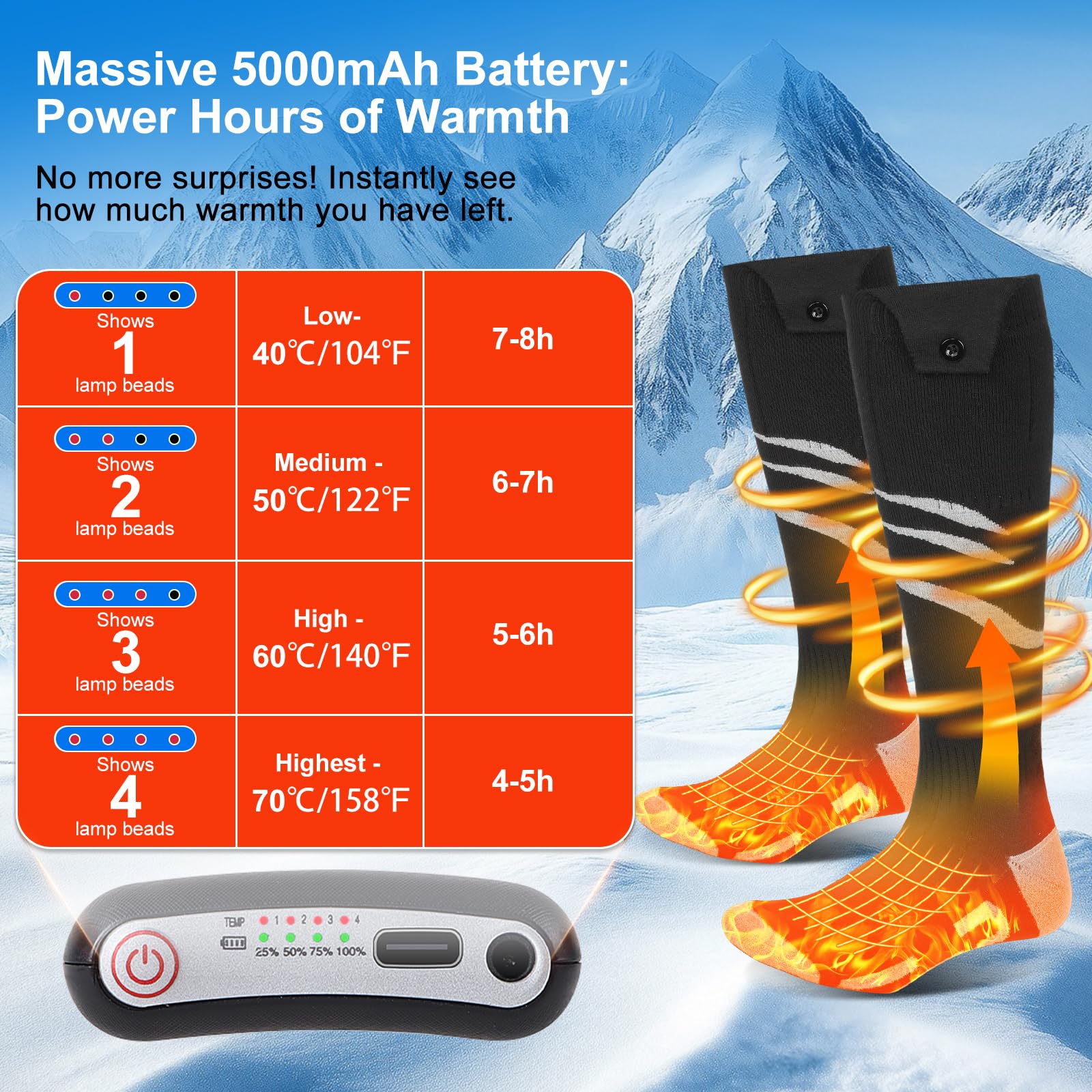 Beheizbare Socken mit APP 5000mAh Akku Wiederaufladbare elektrische Beheizte Socken für Herren 4 Temperatureinstellungen Outdoor-Reiten Camping Wandern Skifahren Warme Größe L