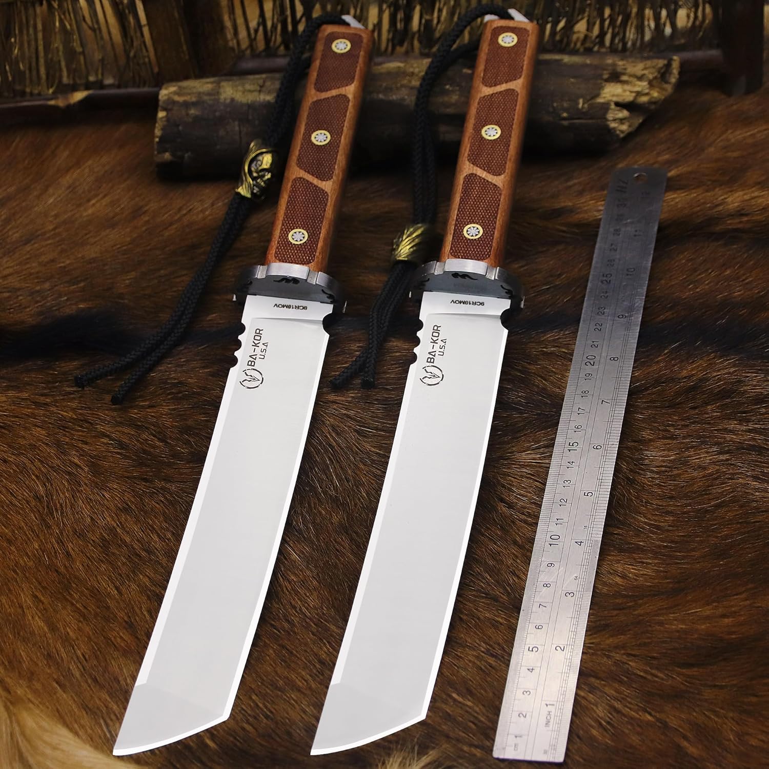 BA-KOR 7mm 9CR18MOV steel (15.6IN) sandalwood handle full Tang fixed knife+scabbard+(single shoulder strap)&(5.9IN) cerium igniter, suitable for outdoor hunting, camping, survival, EDC tool knife