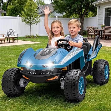24V 2 Seater Ride on Car for Big Kids, 4WD UTV Ride on Toys with Remote Control, Max 5.1mph, Lockable Door, 4 Shock Absorbers, Music, LED Lights, 3-Speed Off-Road Toy Gift for Kids Ages 3+ Blue