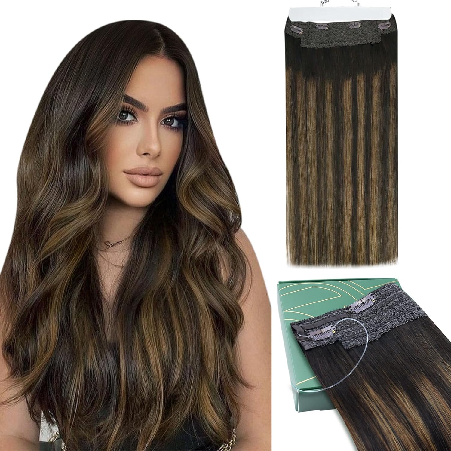 Ugeat Invisible Wire Hair Extensions Brown Mix Chestnut Brown Balayage Hair Extensions Real Human Hair Wire with Secret Fish Line 4 Clips for Women Straight Short 70g 14 inch