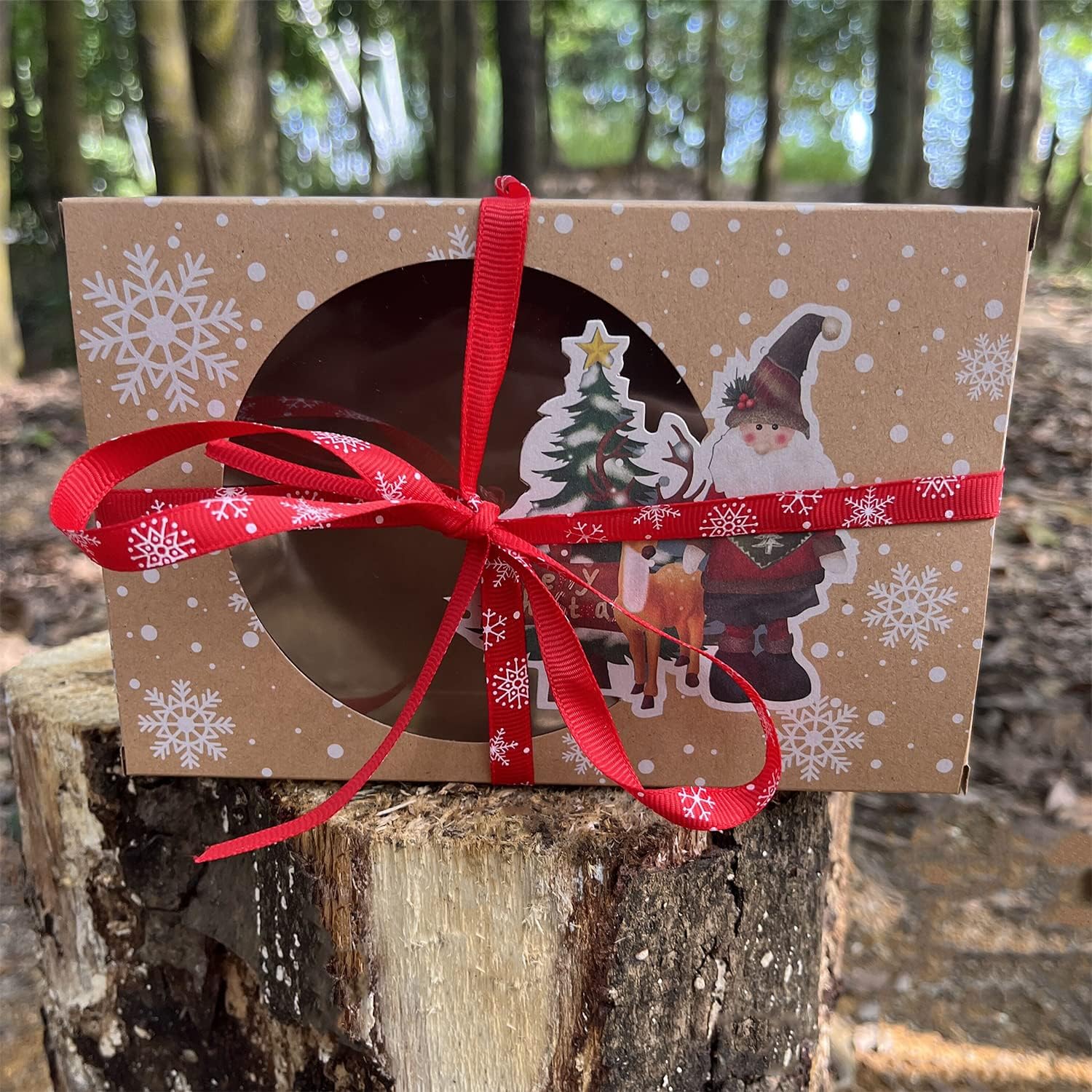 12 Packs Christmas Cookie Boxes with Window, Food Grade Kraft Bakery Treat Boxes with Oilpaper and Ribbons, Cupcake Boxes for Holiday Gift Giving, Christmas Food Containers Party Favors